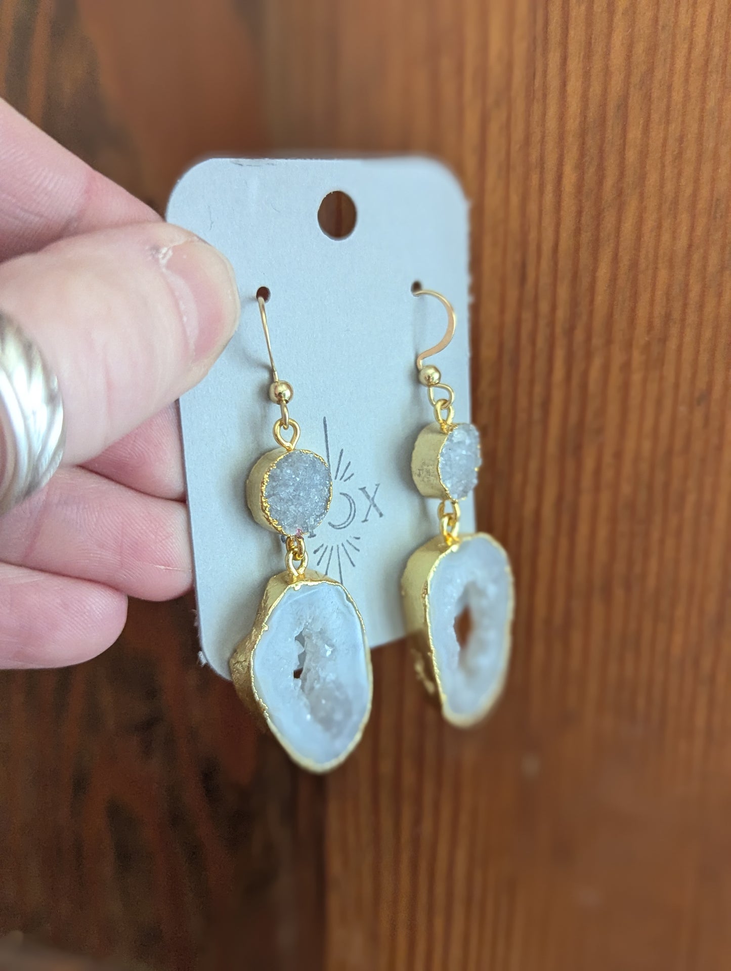 White Druzy and Agate Gold Earrings