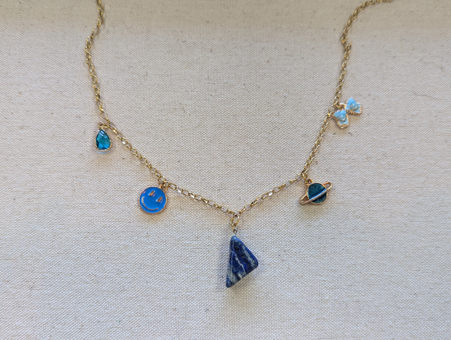 Mixed Blue Charm Gold Necklace