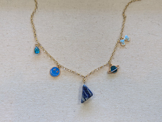 Mixed Blue Charm Gold Necklace