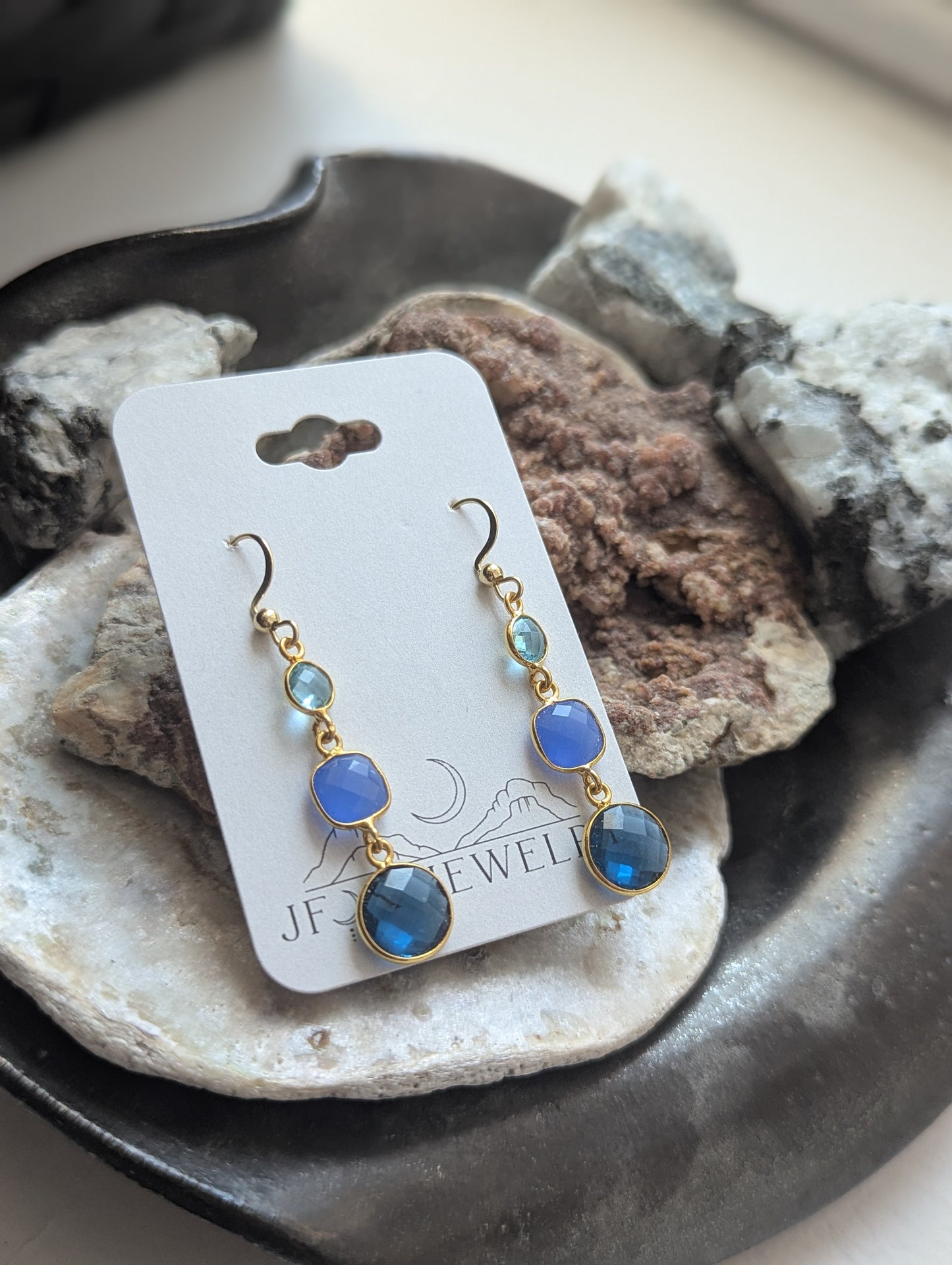 Gradient Blue Crystal Trio Gold Earrings
