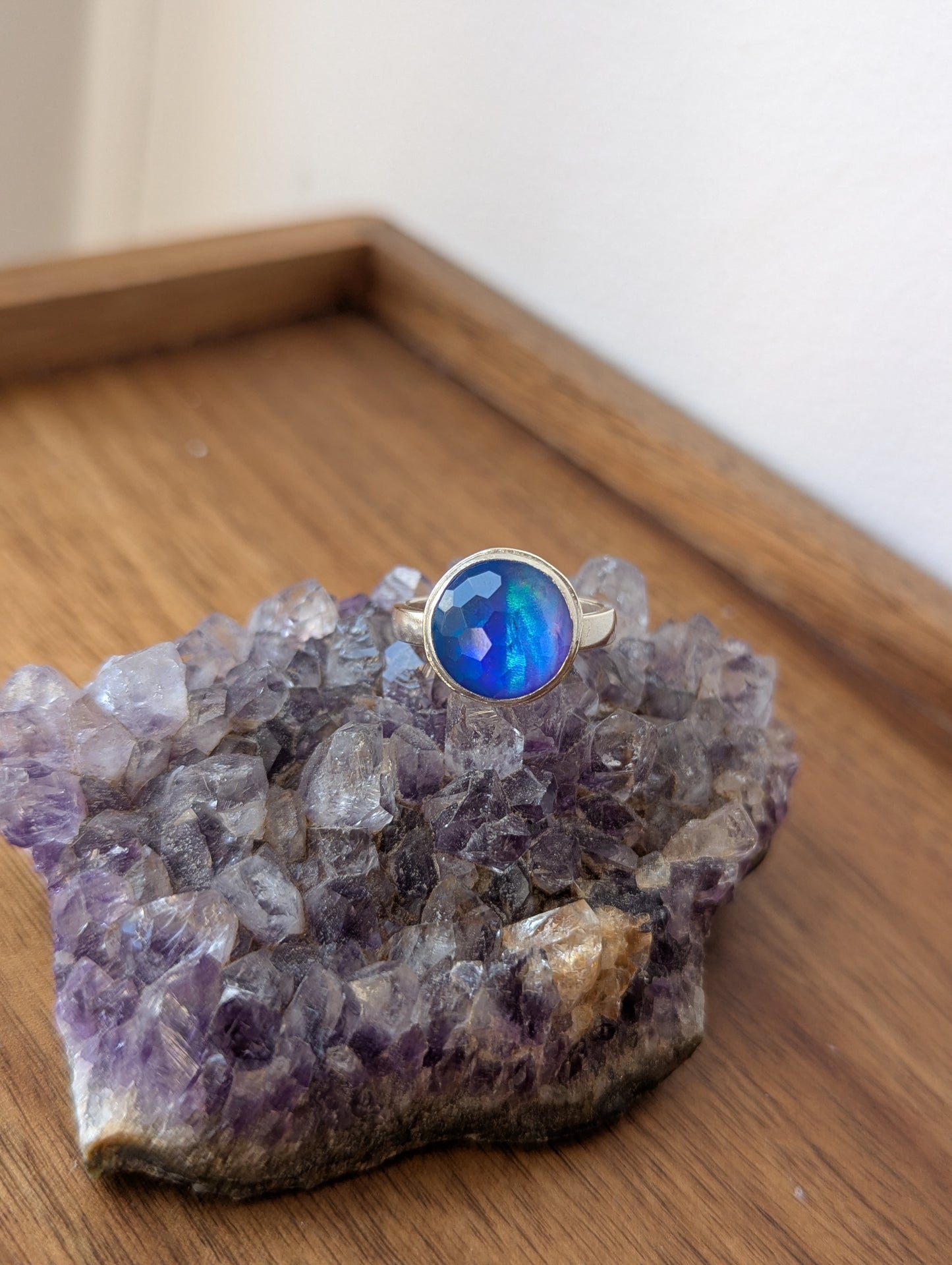 Faceted Blue Aurora Opal Round Sterling Ring - Size 8