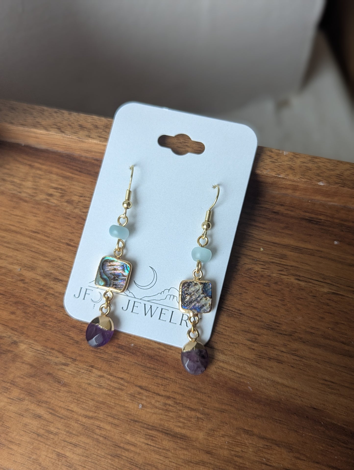 Aquamarine, Abalone, Amethyst Trio Earrings