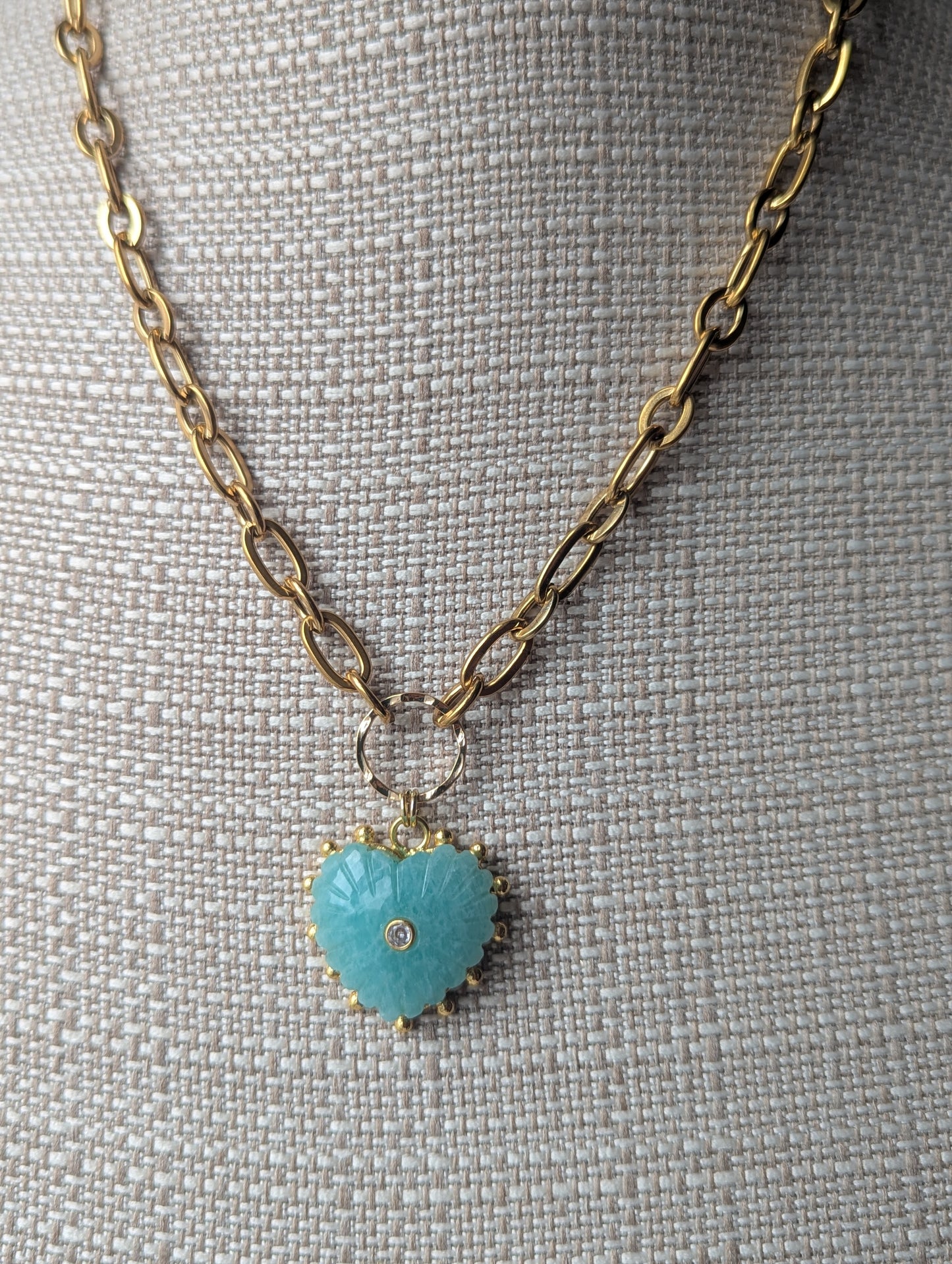 Carved Amazonite Large Heart Chunky Gold Necklace