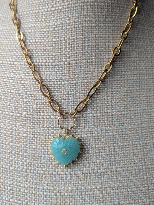 Carved Amazonite Large Heart Chunky Gold Necklace