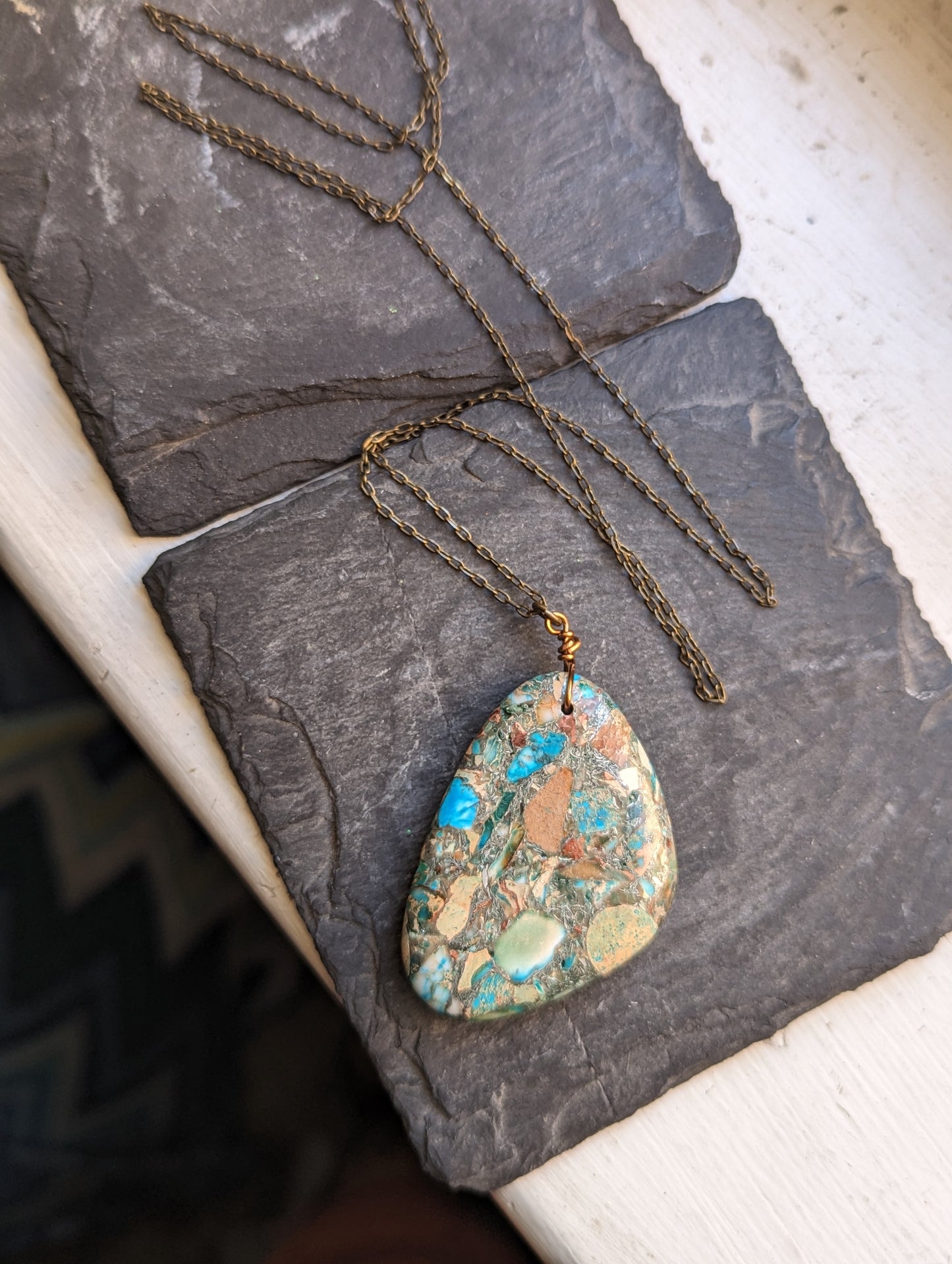 Aqua Sea Sediment Jasper Pendant on Brass Necklace