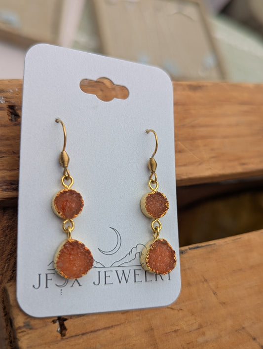Bright Orange Druzy Duo Gold Earrings