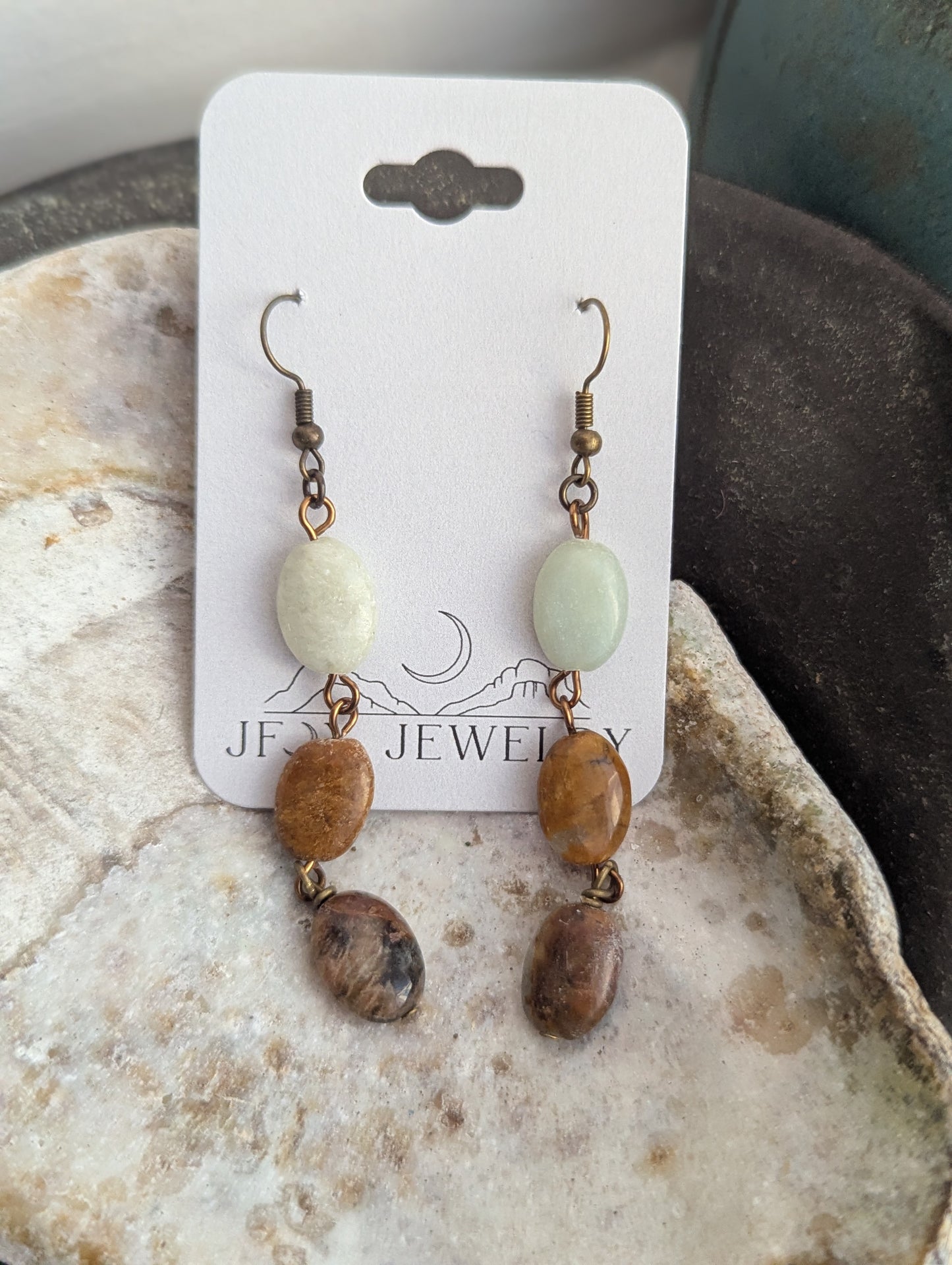 Amazonite Oval Trio Brass Earrings