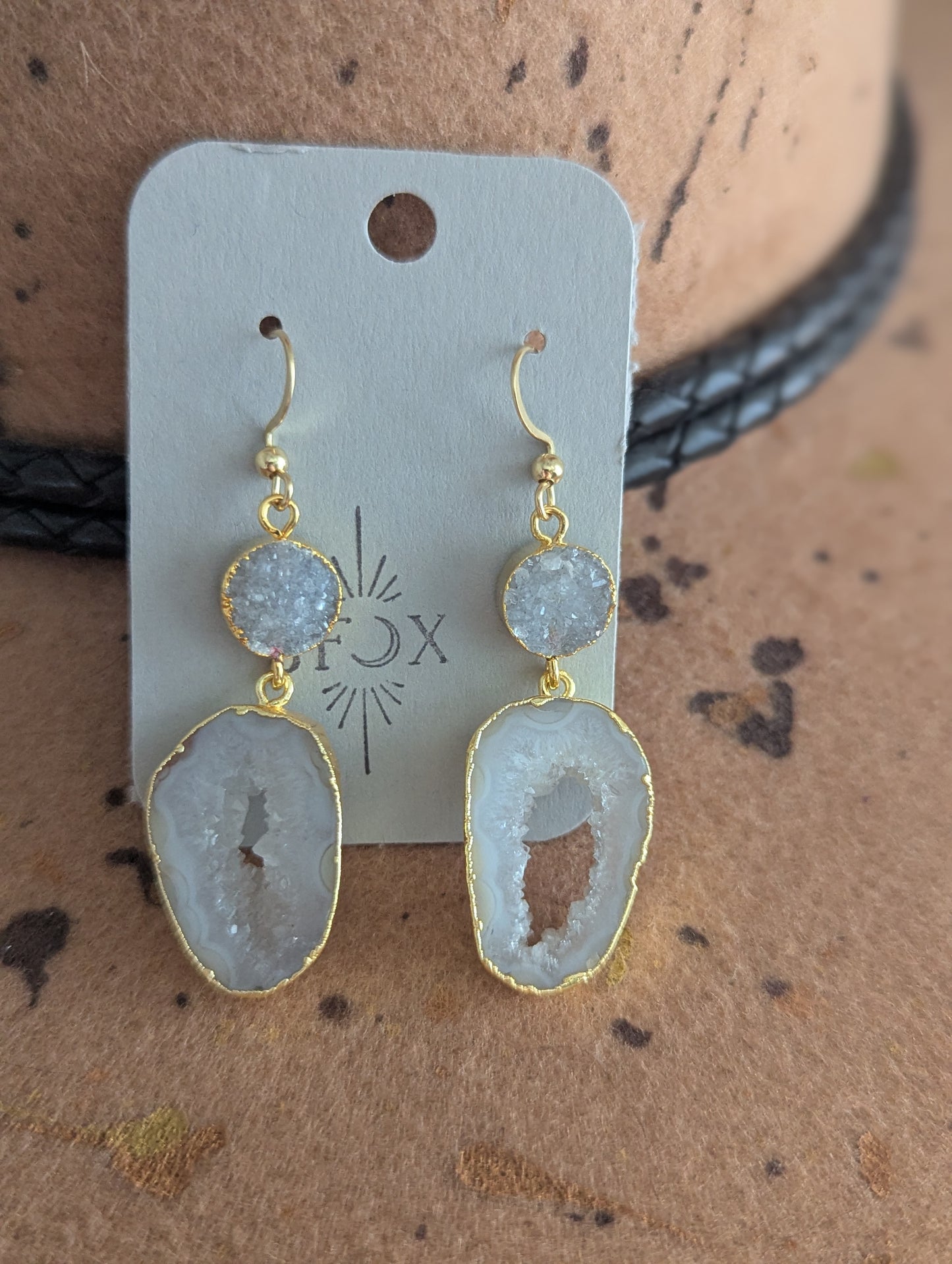 White Druzy and Agate Gold Earrings