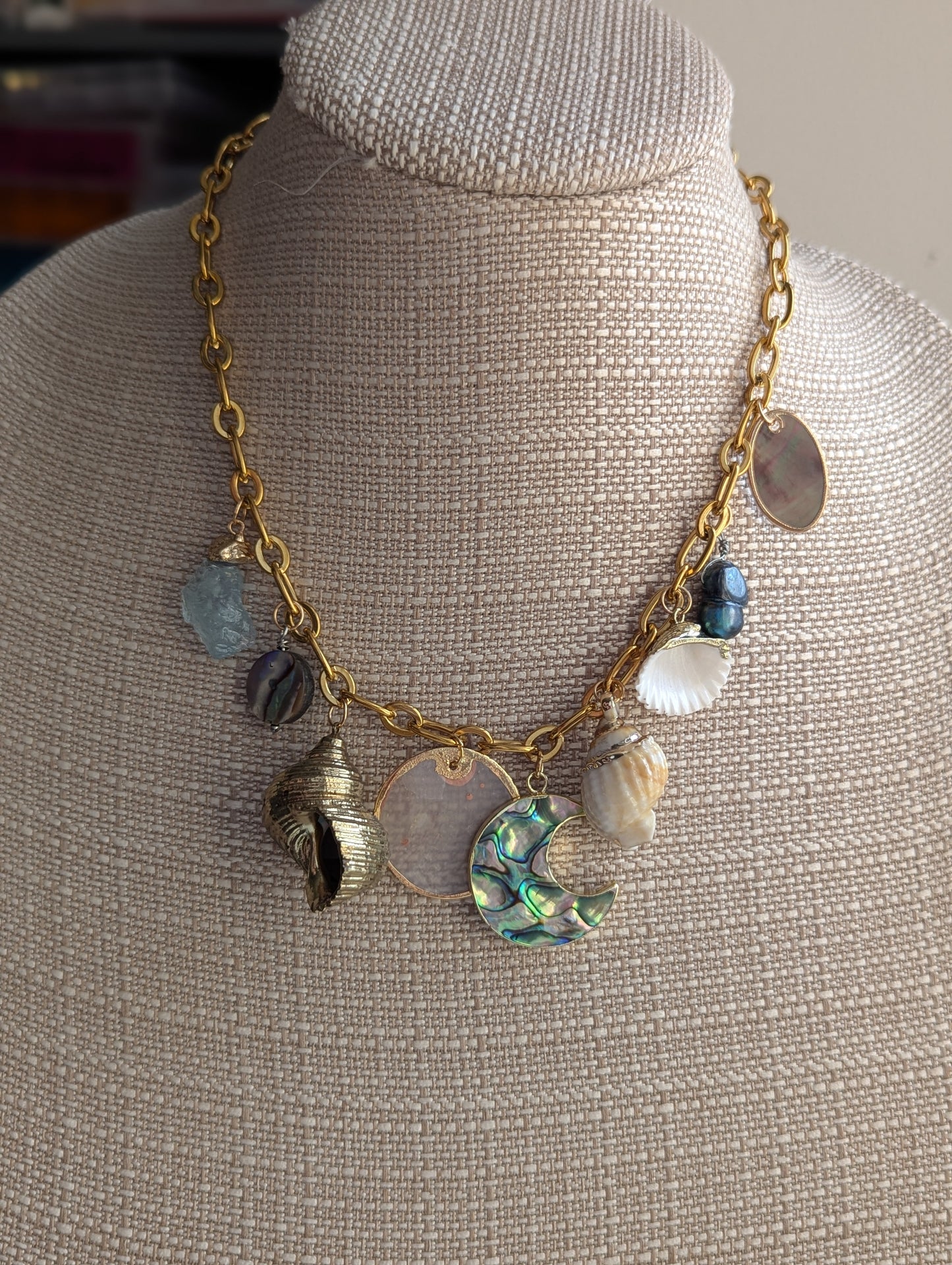 Moon Mermaid Shell Beachy Vibes Gold Charm Necklace