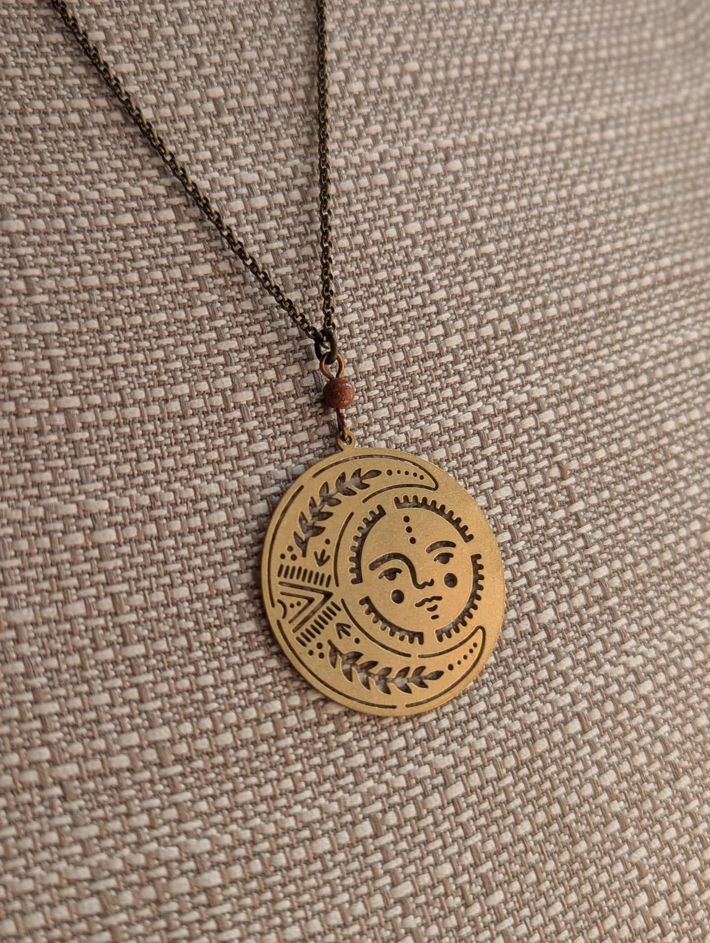 Brass Sun and Moon Red Goldstone Long Necklace
