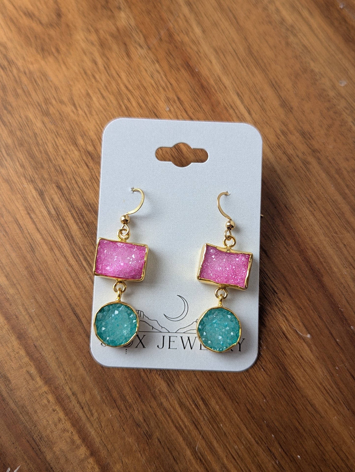 Turquoise and Pink Druzy Duo Gold Earrings