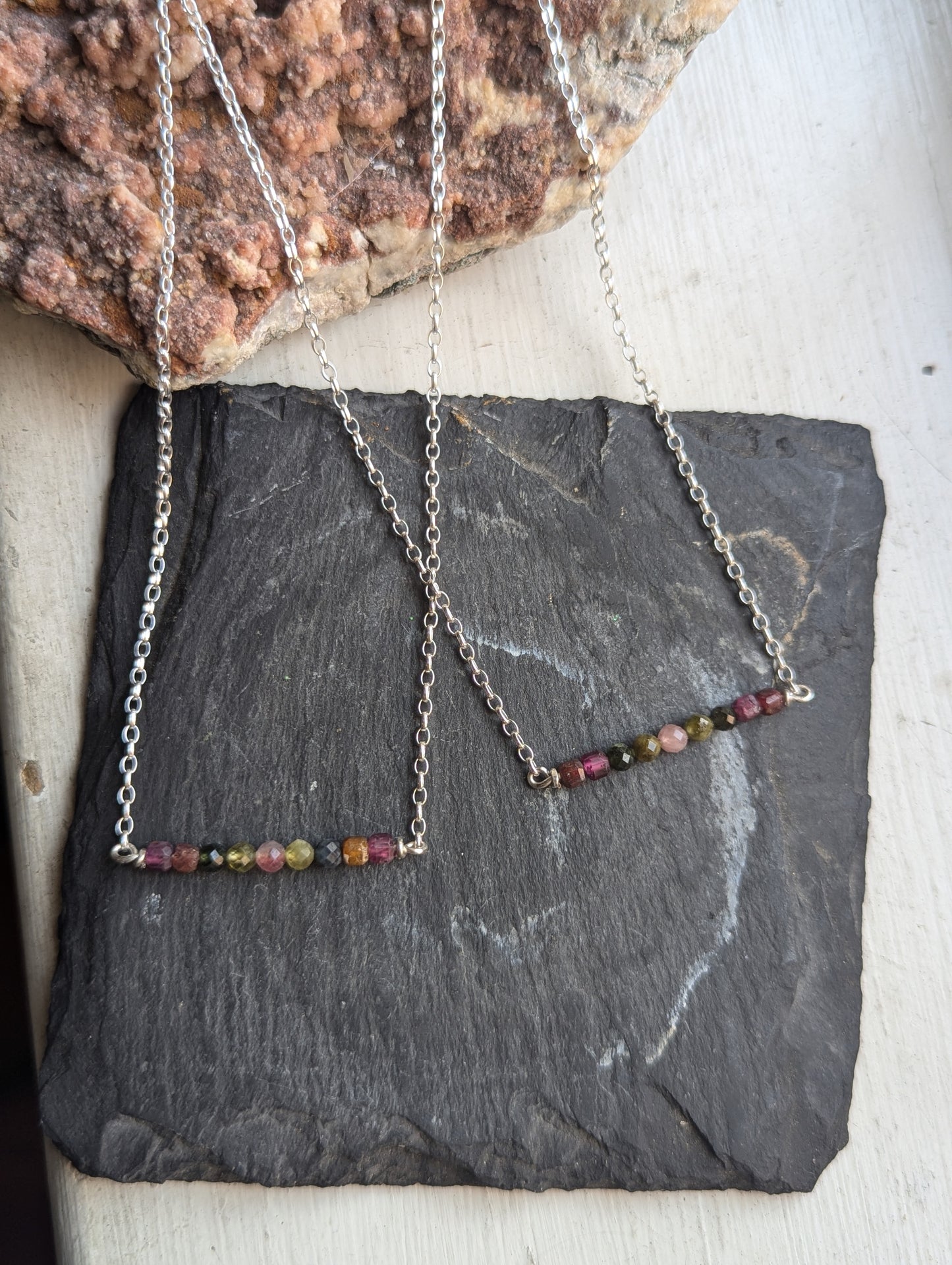 Ruby and Tourmaline Sterling Silver Bar Necklace