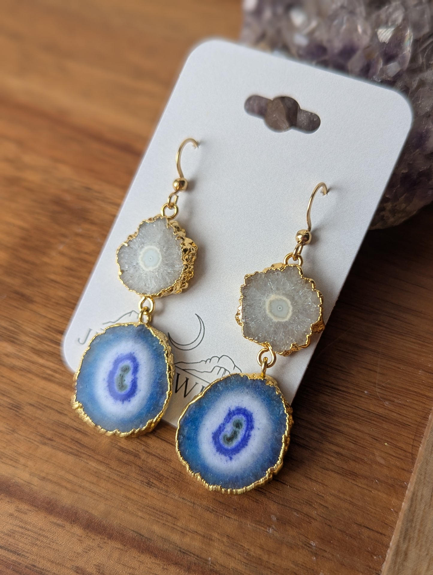 White and Blue Agate Duo Gold Earrings