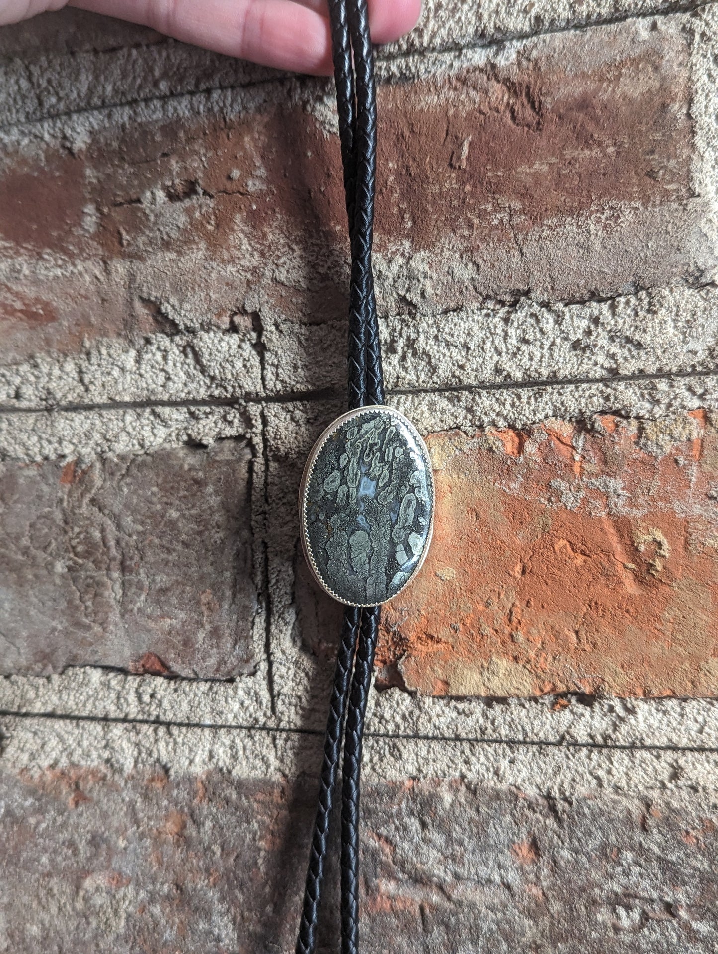 Marcasite Oval Black Leather Bolo Tie