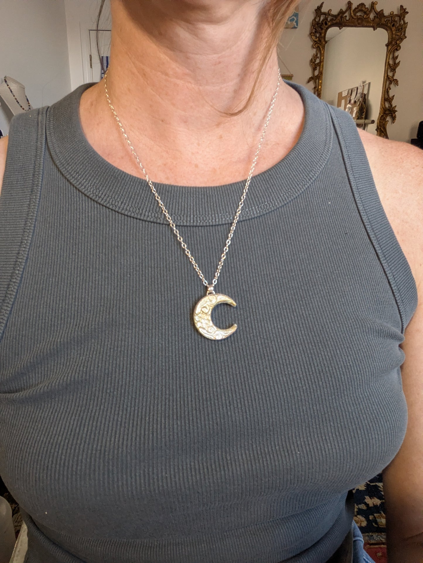 Carved Mother of Pearl Crescent Moon Sterling Silver Necklace