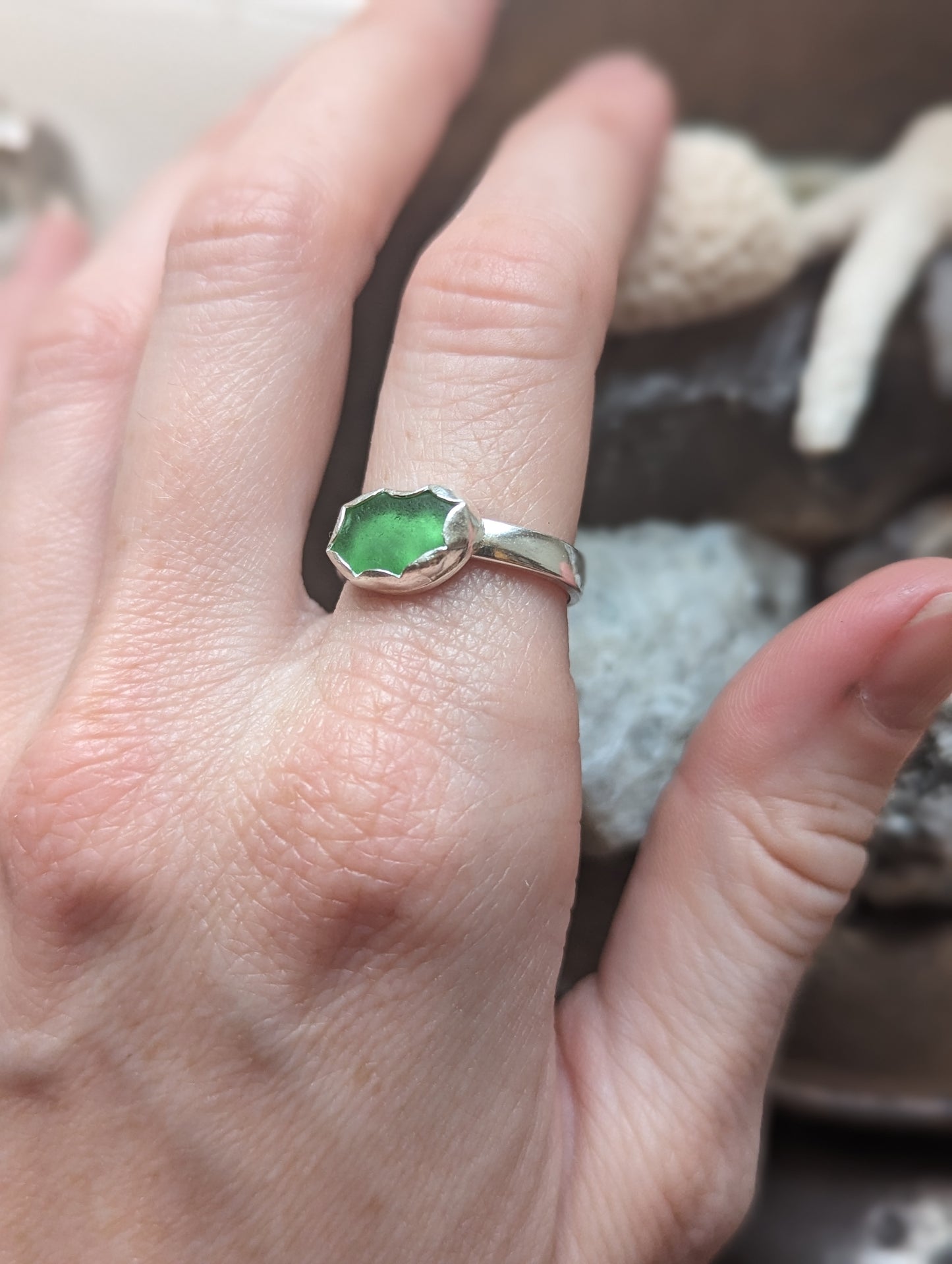 Green Seaglass Ring - Size 7.5 and 8.5