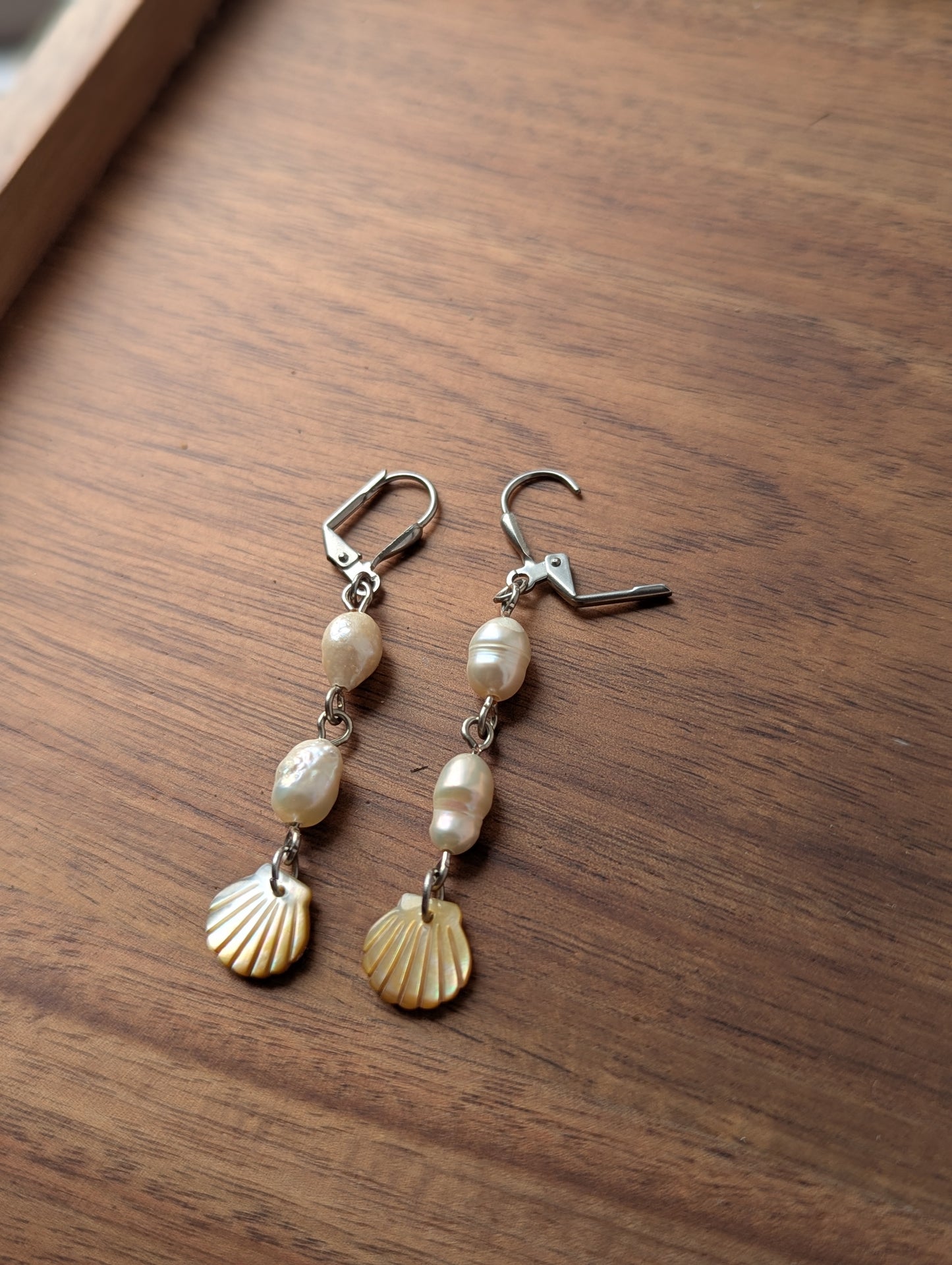 Freshwater Pearls and Mother of Pearl Shell Drop Hoops