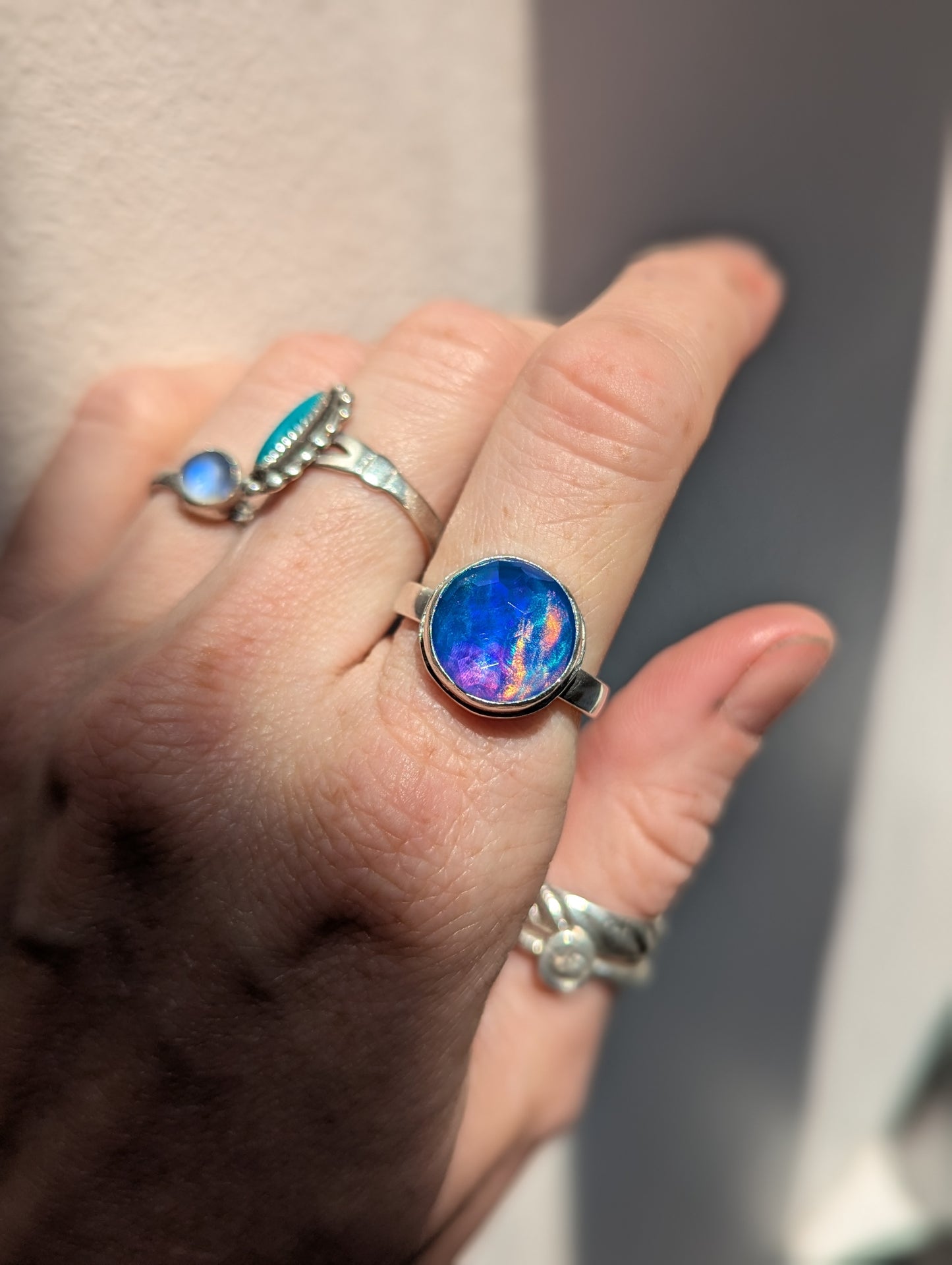 Faceted Blue Aurora Opal Round Sterling Ring - Size 8
