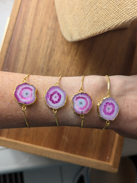 Hot Pink Agate Slice Gold Slider Bracelet