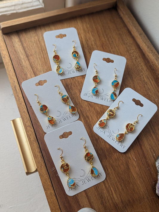 Orange and Turquoise Gold Mosaic Duo Earrings