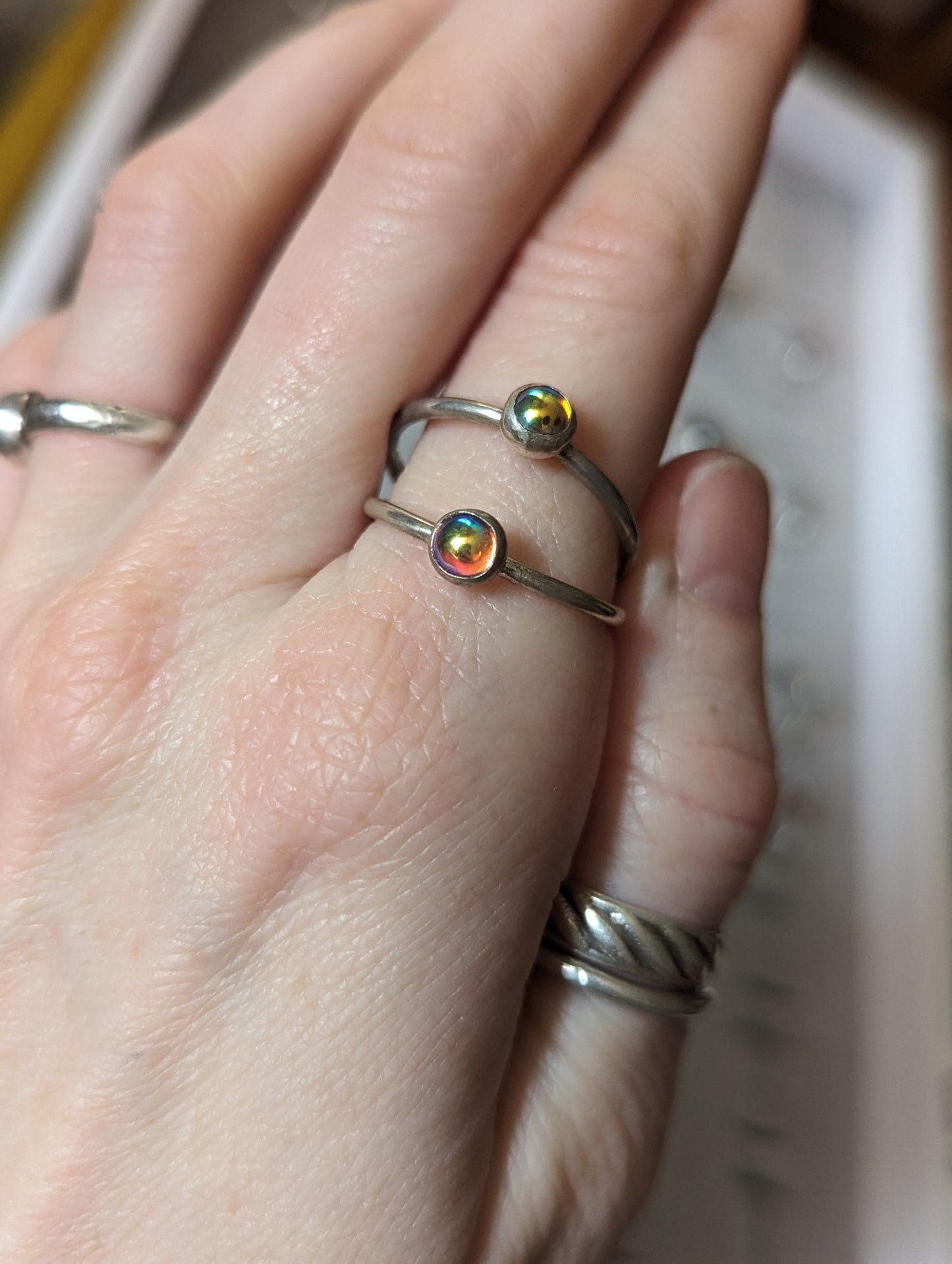 Vintage Rainbow Aura Glass Silver Stacker Rings (various sizes available) MTO