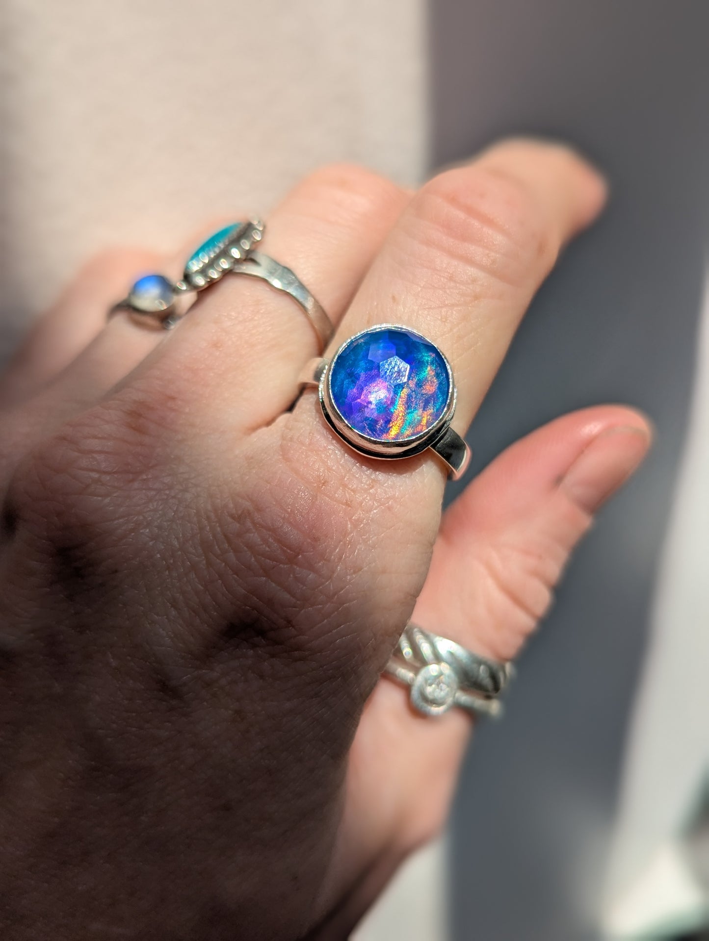 Faceted Blue Aurora Opal Round Sterling Ring - Size 8
