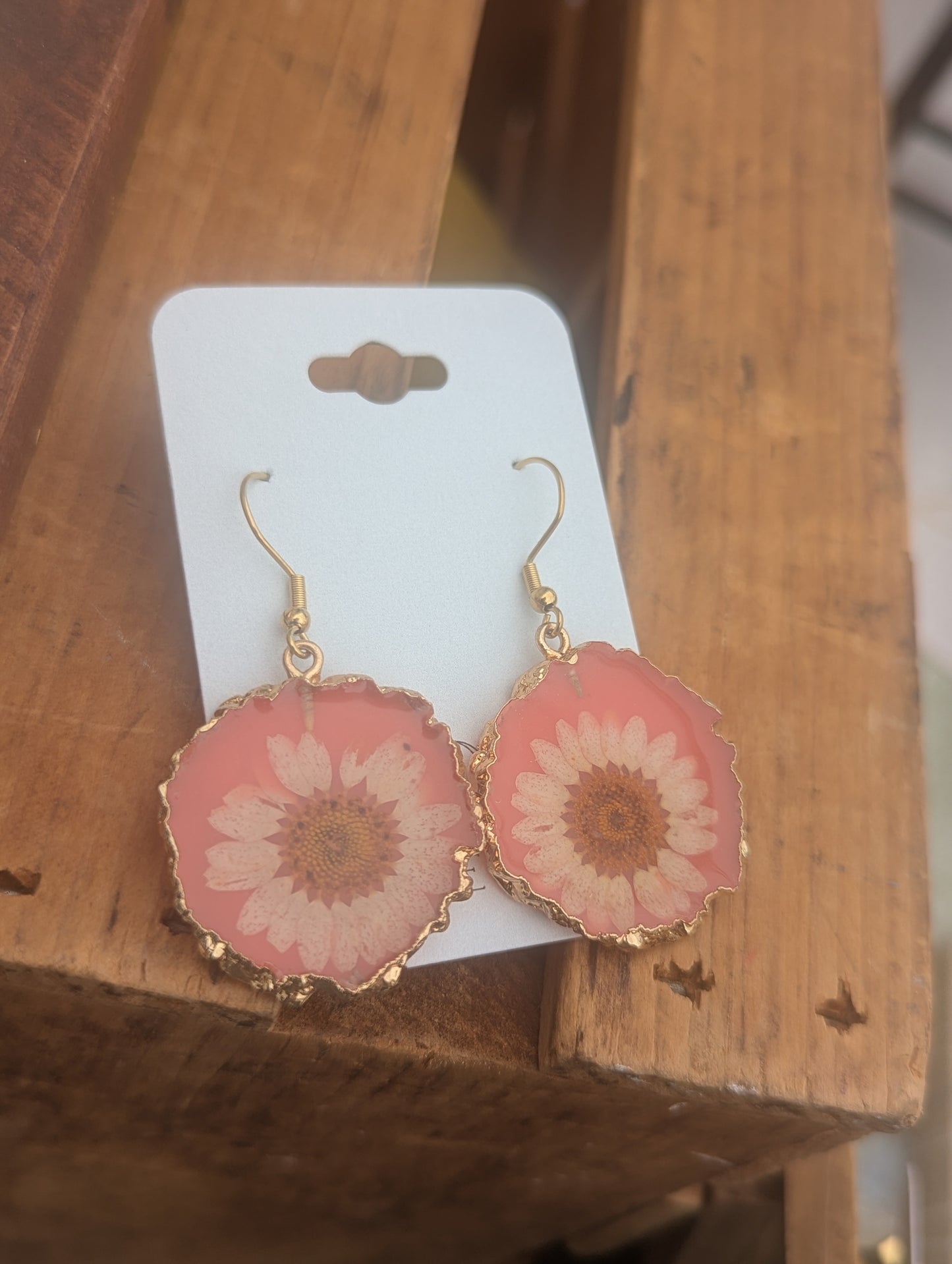 Pink Resin Flower Gold Earrings