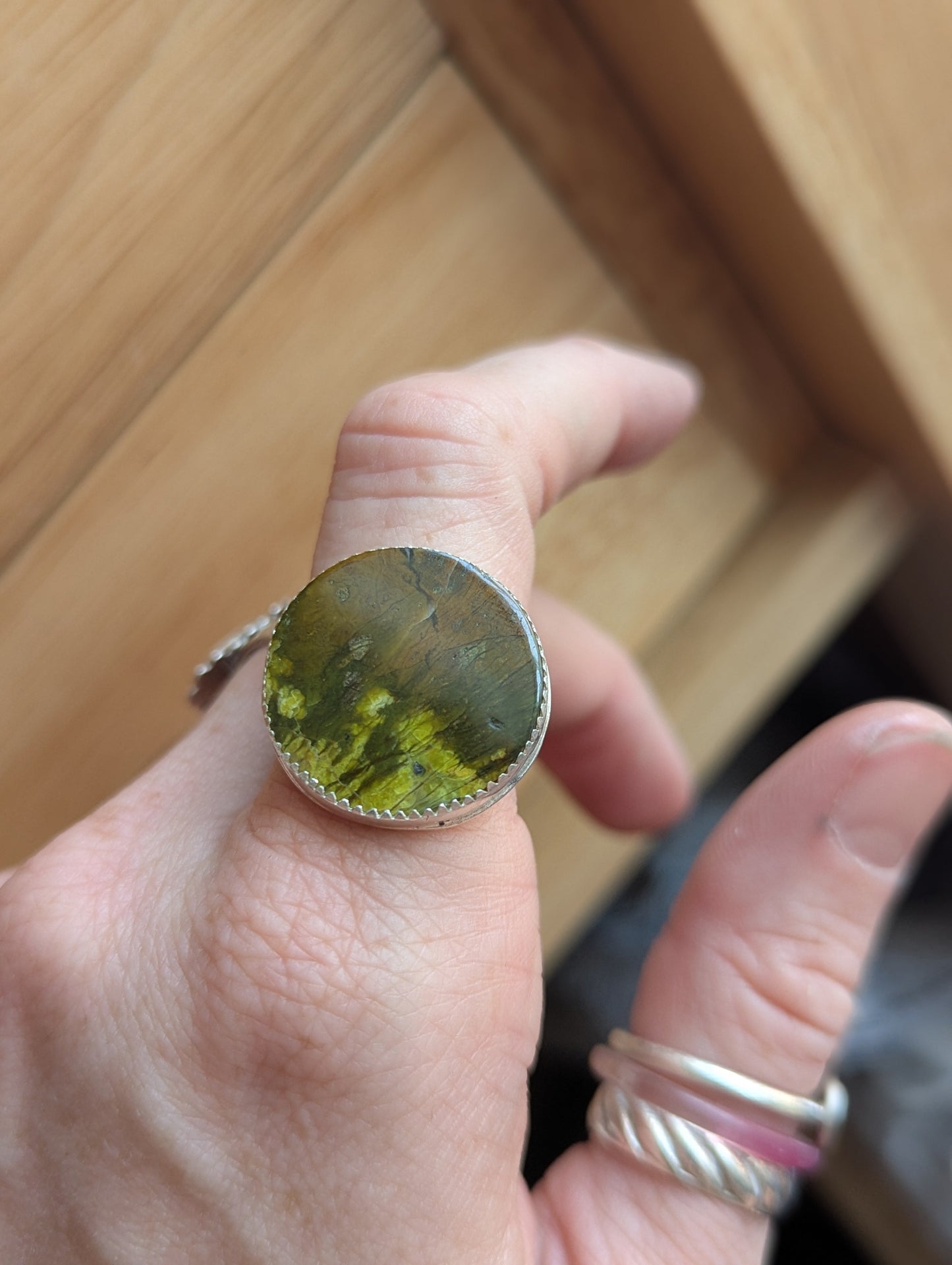 Green Opal Large Round Silver Ring - Size 8