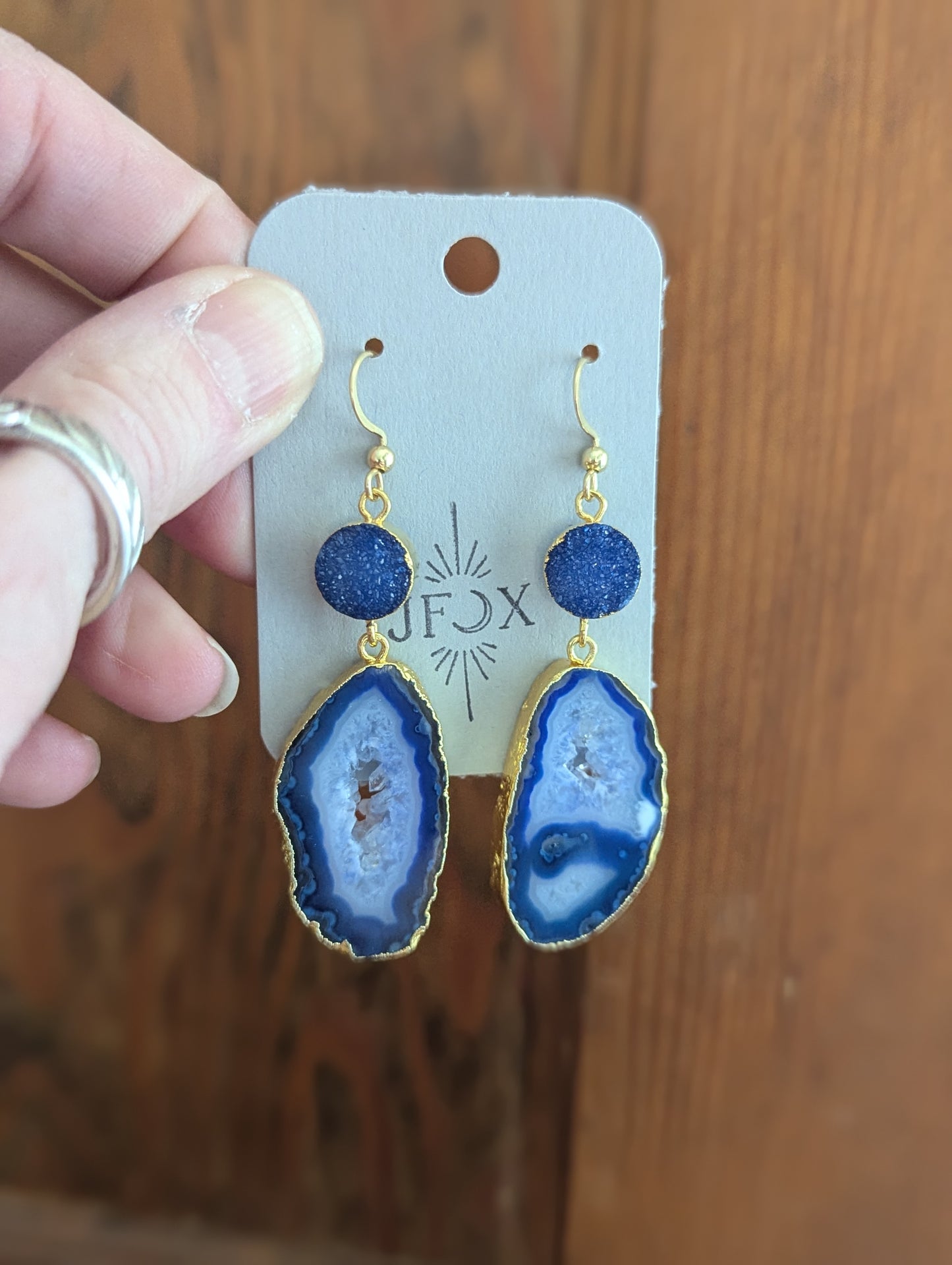 Blue Druzy and Agate Gold Earrings
