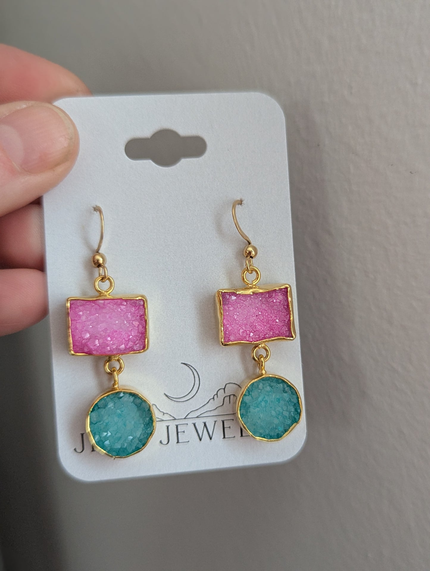 Turquoise and Pink Druzy Duo Gold Earrings