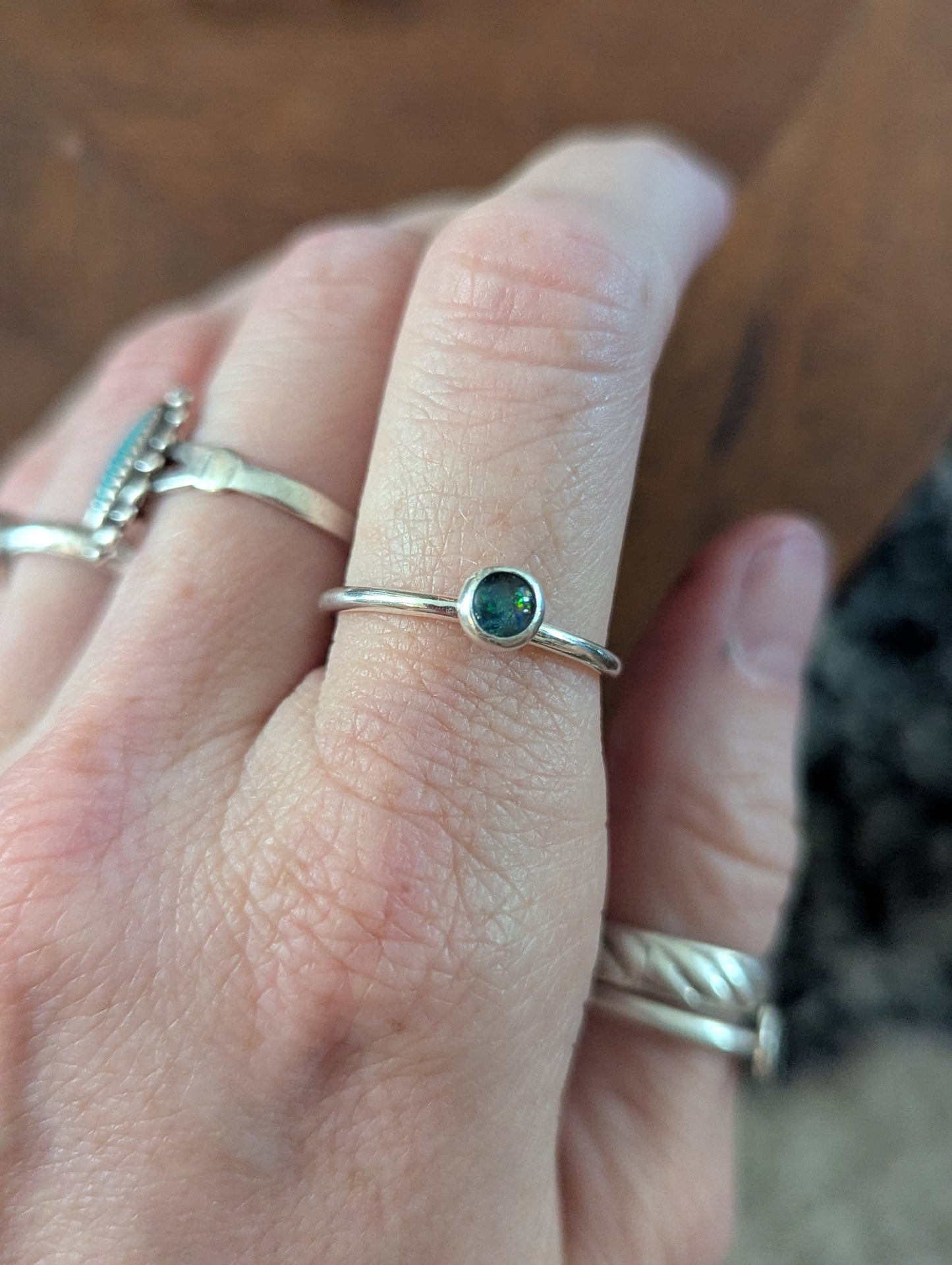 5mm Blue Green Opal Silver Stacker Ring (Ready to Ship) Size 8.5, 11