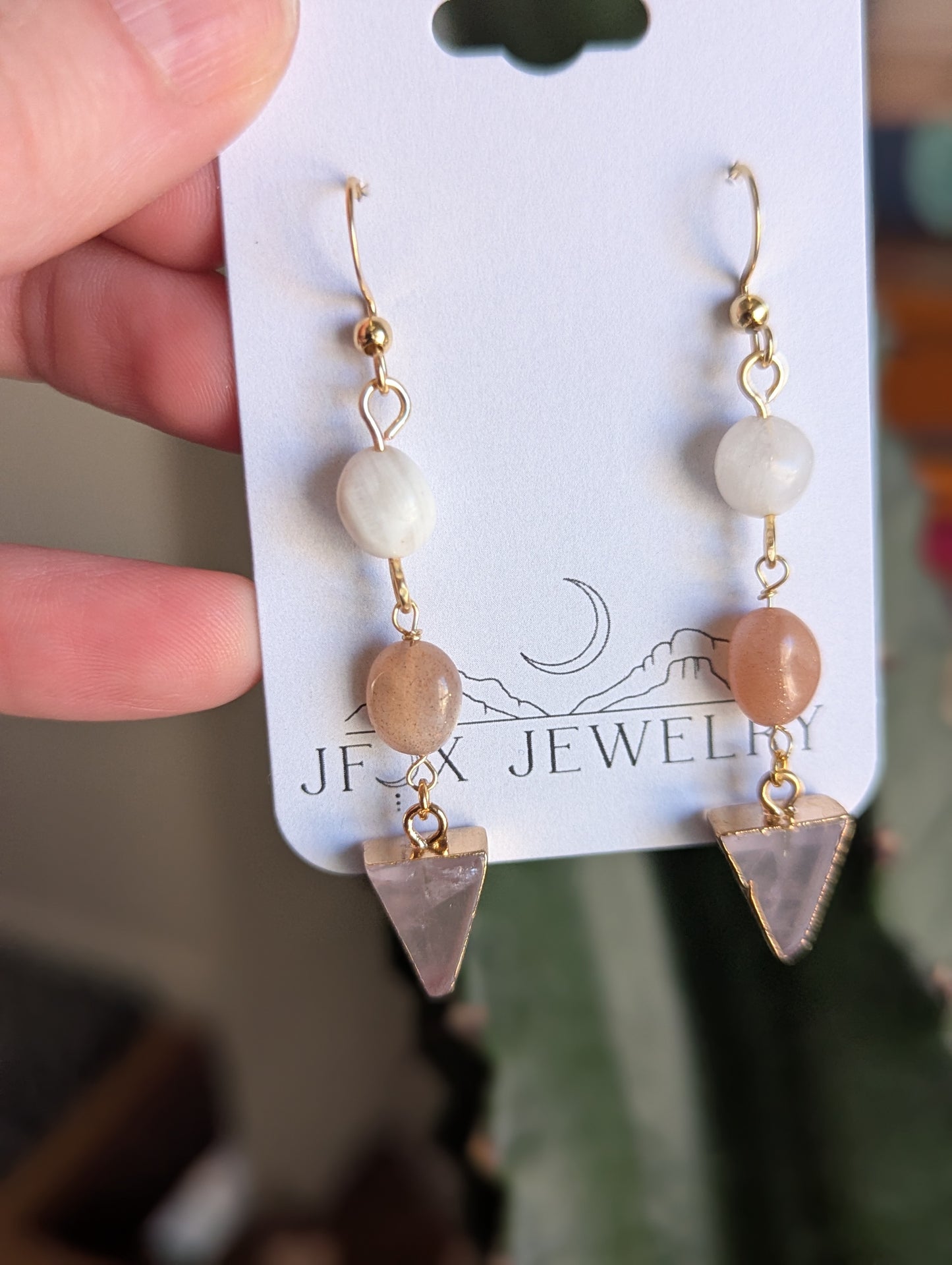 Mixed Moonstone Rose Quartz Gold Earrings