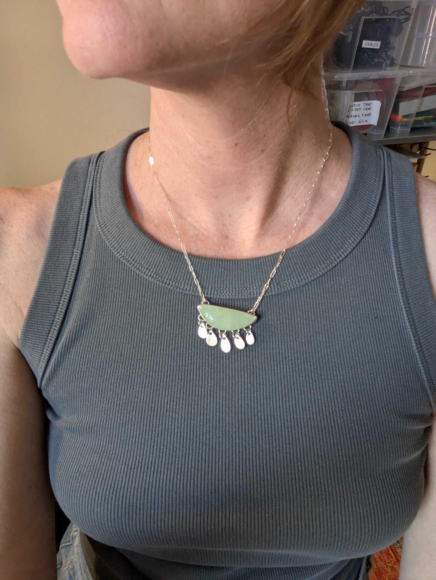 Carved Leaf Light Green Prehnite Fringe Sterling Silver Necklace