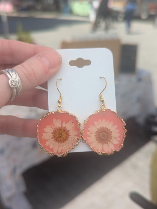 Pink Resin Flower Gold Earrings