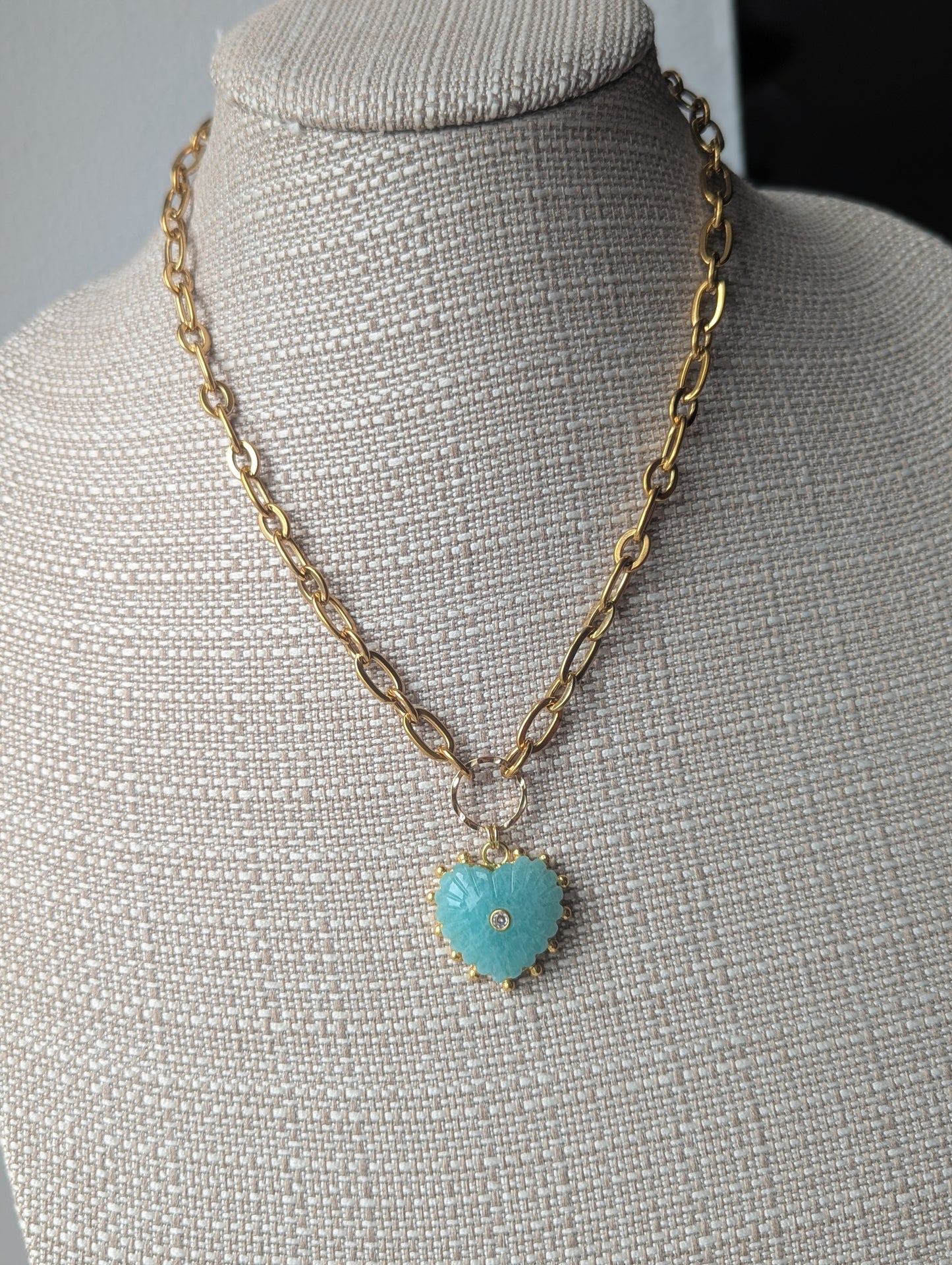 Carved Amazonite Large Heart Chunky Gold Necklace