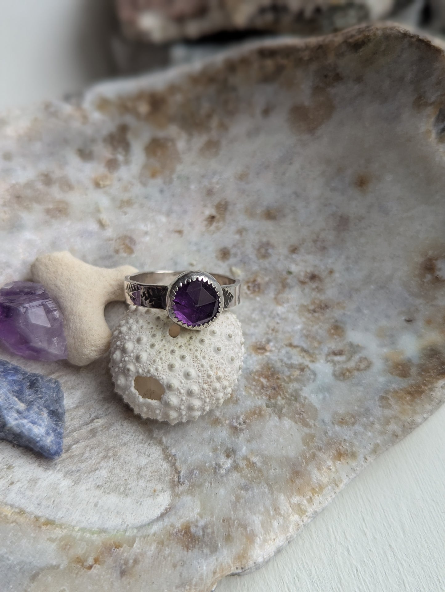 Faceted Round Amethyst Sterling SIlver Ring - Size 8.5