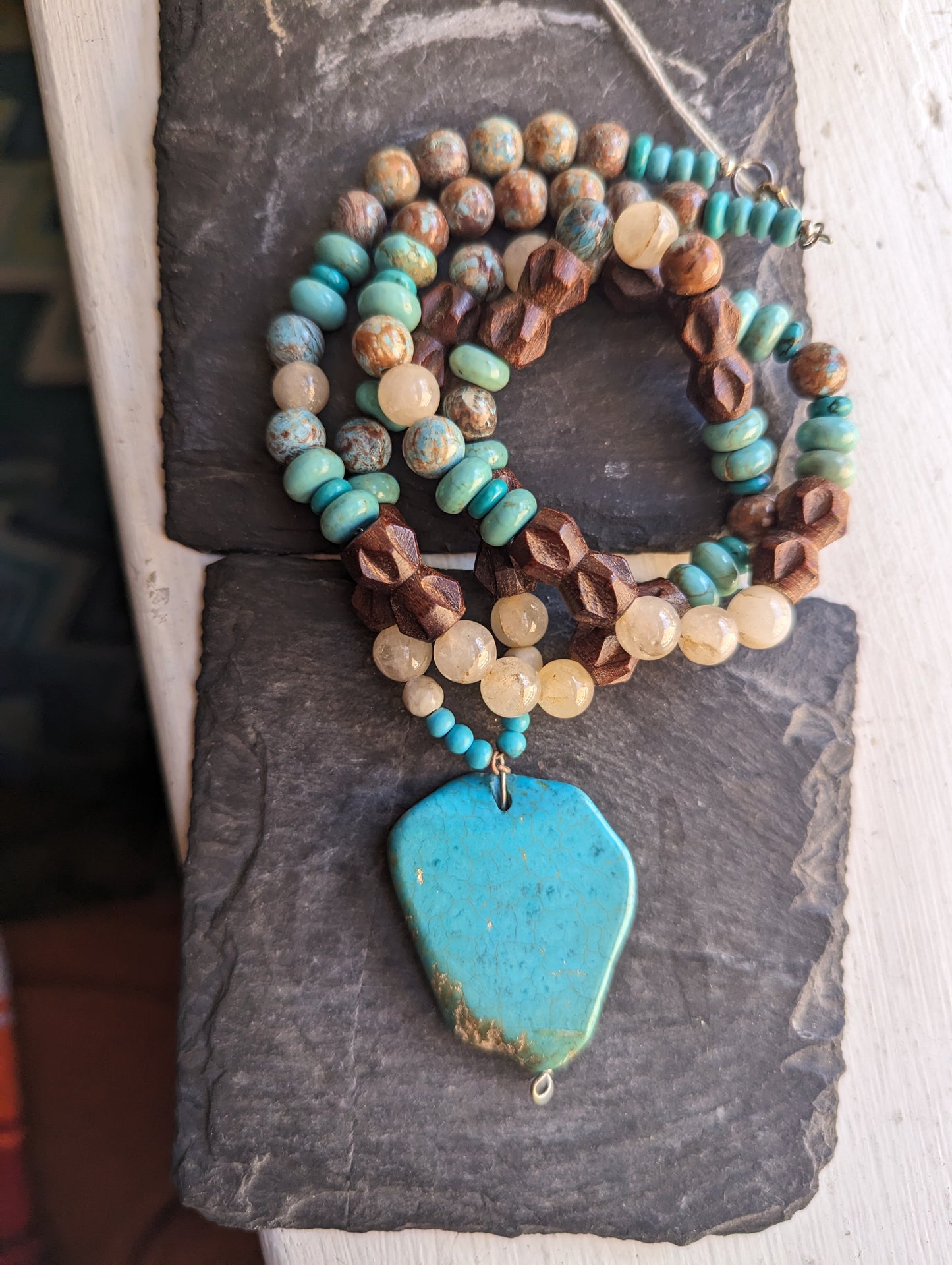Turquoise Howlite, Crazy Blue Lace Agate, Wood Statement Necklace