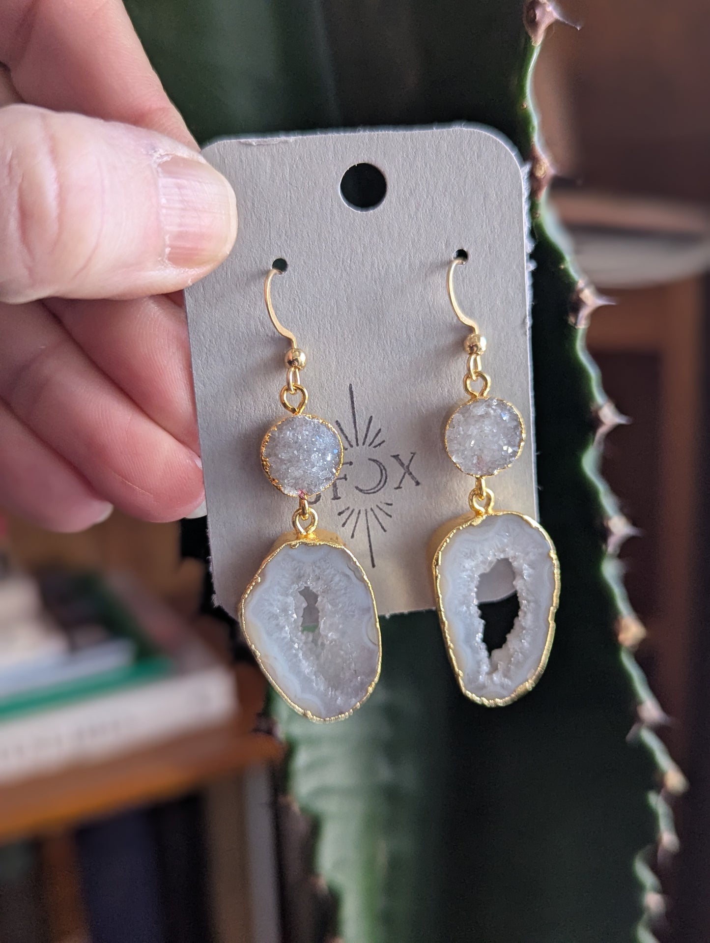 White Druzy and Agate Gold Earrings