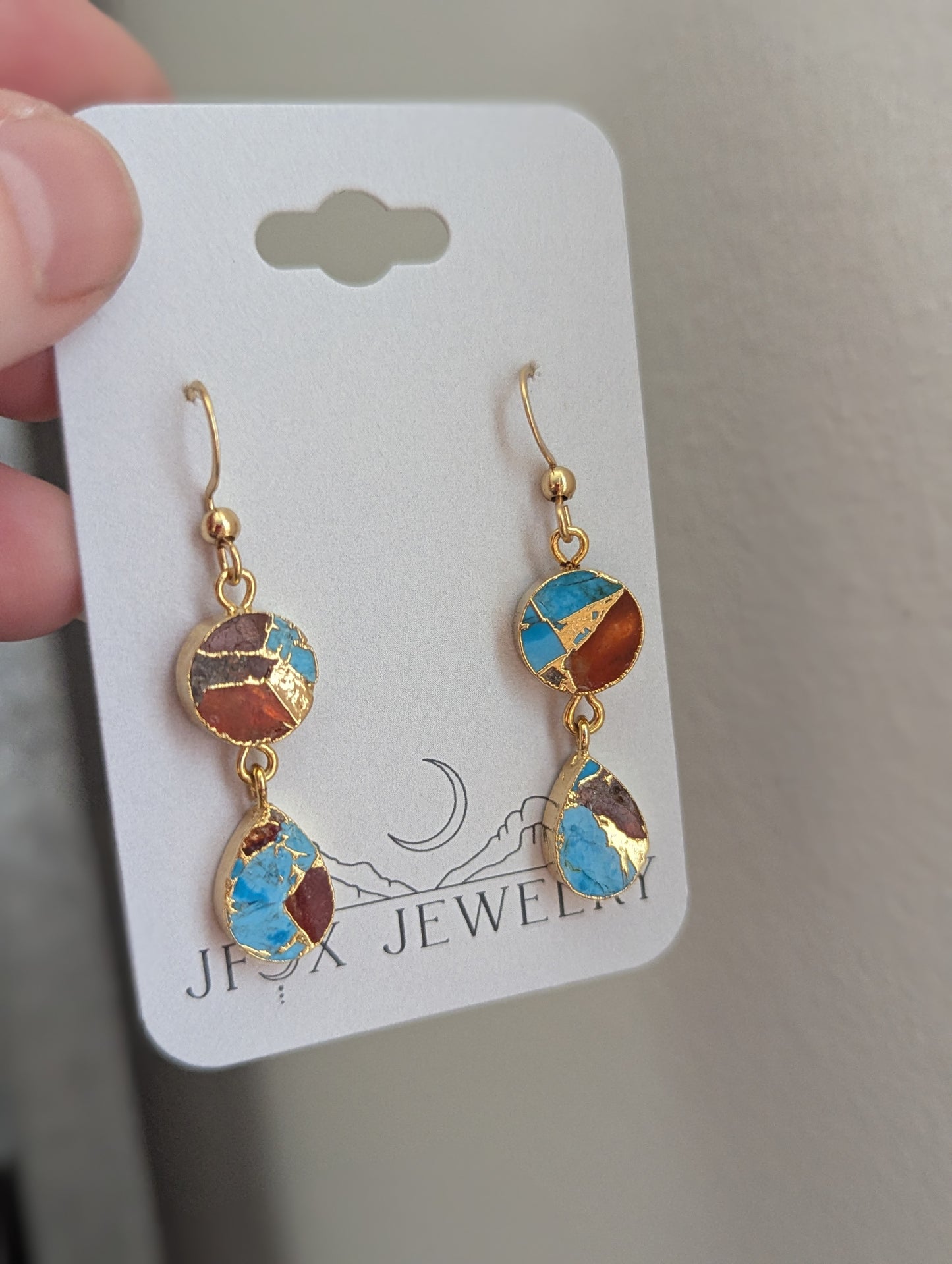 Orange and Turquoise Gold Mosaic Duo Earrings