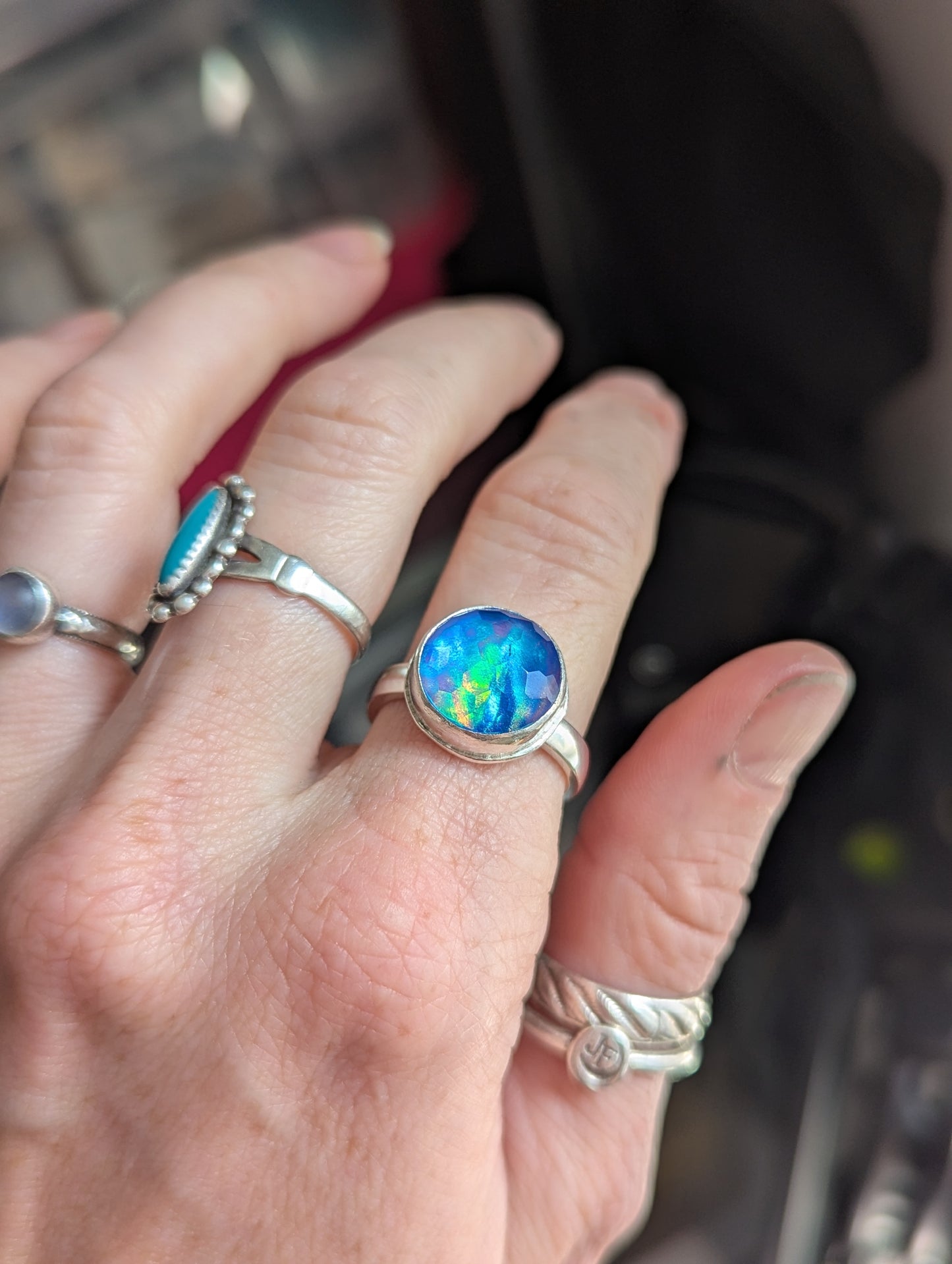 Faceted Blue Aurora Opal Round Sterling Ring - Size 8