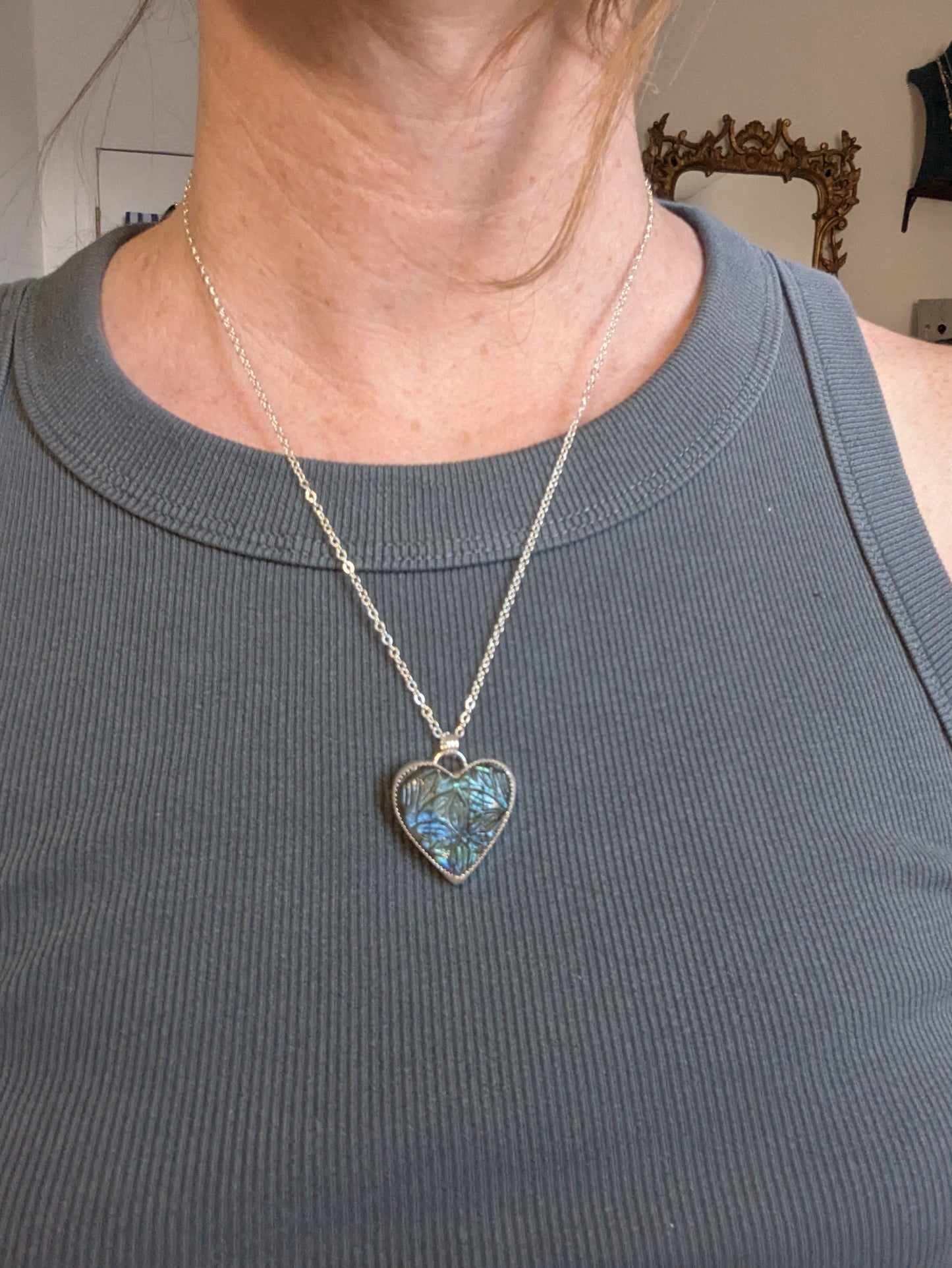 Large Carved Labradorite Heart Sterling Silver Necklace