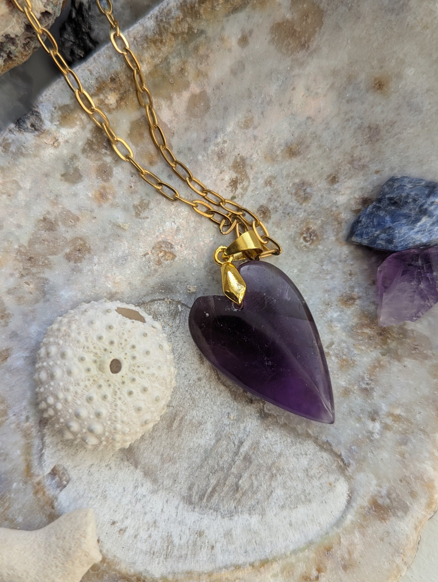 Amethyst Heart Gold Paperclip Necklace