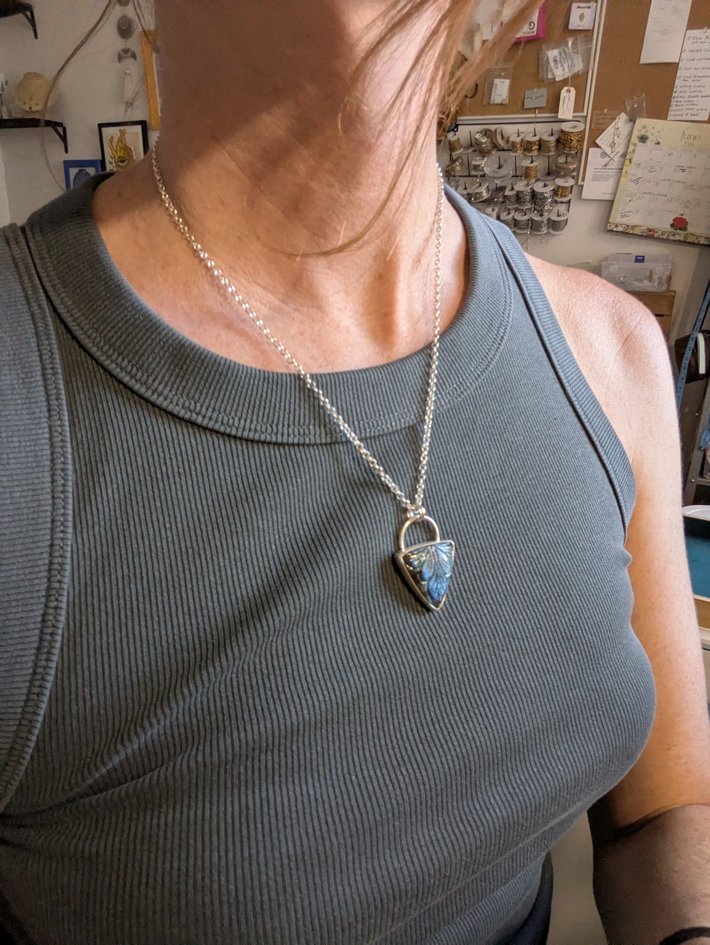 Carved Labradorite Shield Full Circle Sterling Silver Necklace