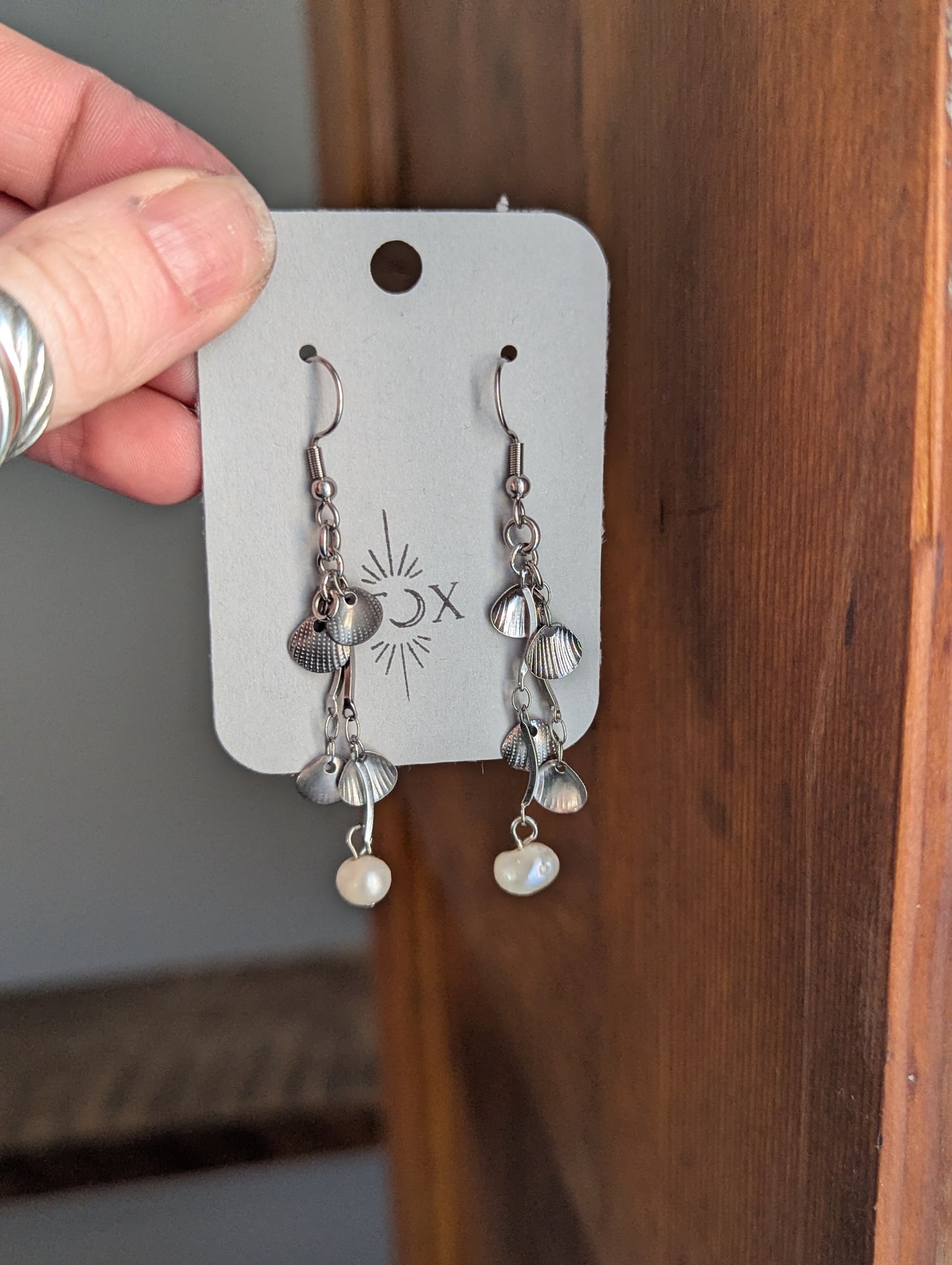 Dangly Silver Shell and Freshwater Pearl Earrings