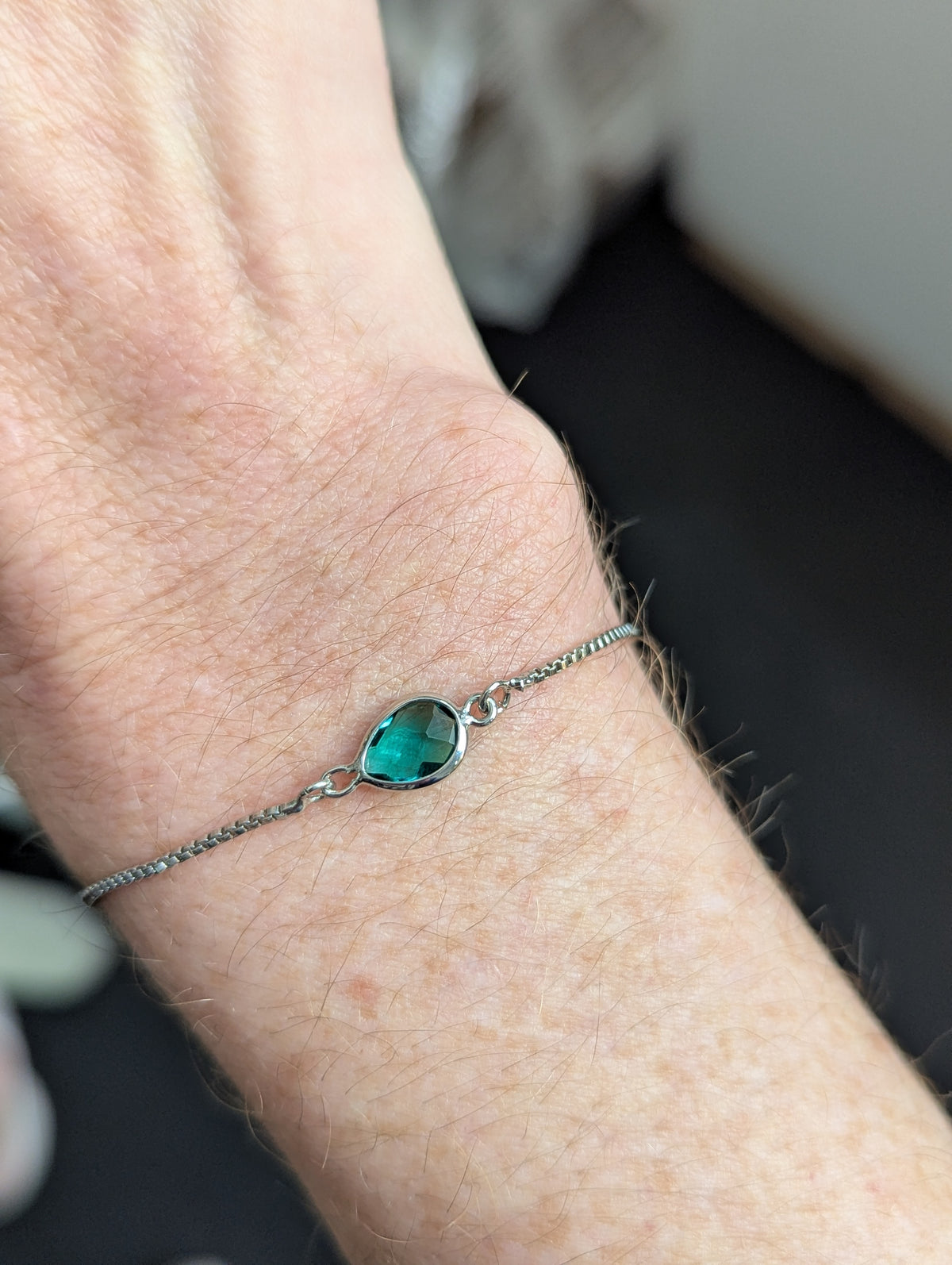 Emerald Green Tear Drop Silver Slider Bracelet