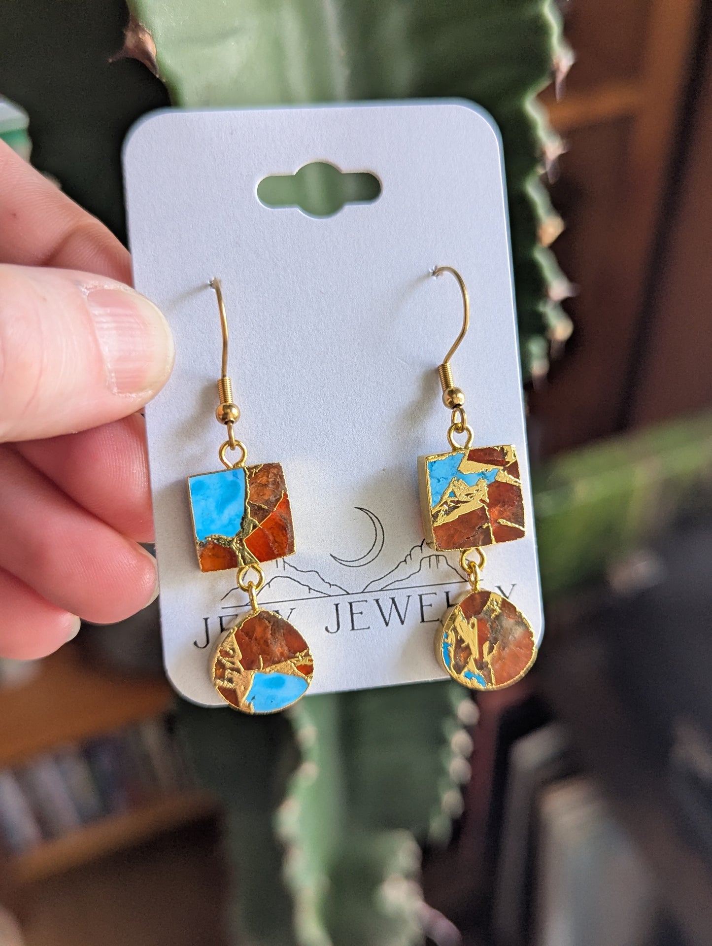 Orange and Turquoise Gold Mosaic Duo Earrings