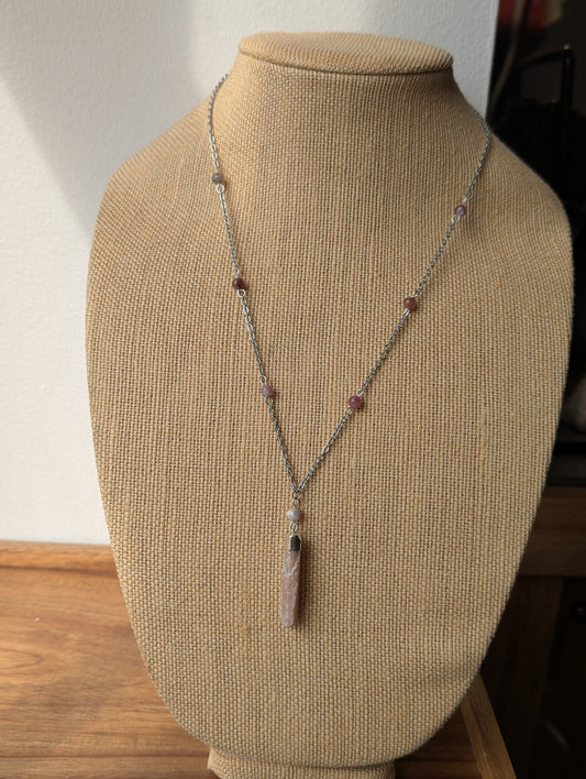 Raw Pink Tourmaline on Beaded Stainless Necklace