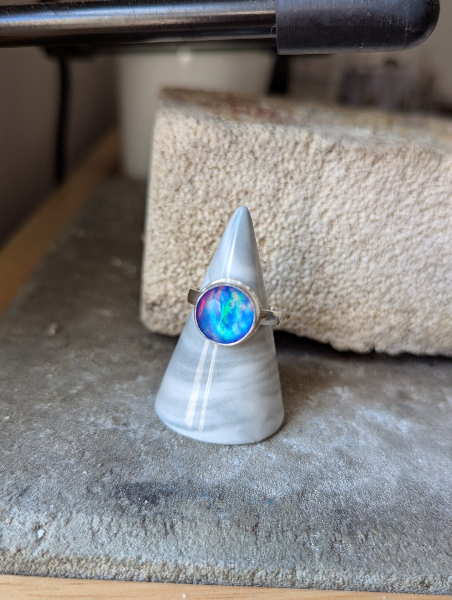 Faceted Blue Aurora Opal Round Sterling Ring - Size 8