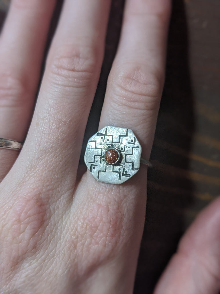 Red Goldstone Octagon Handstamped Sterling Silver Ring - size 7.5 (rts)