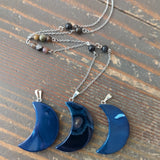 Blue Agate Crescent Moon and Tourmaline on Stainless Necklace